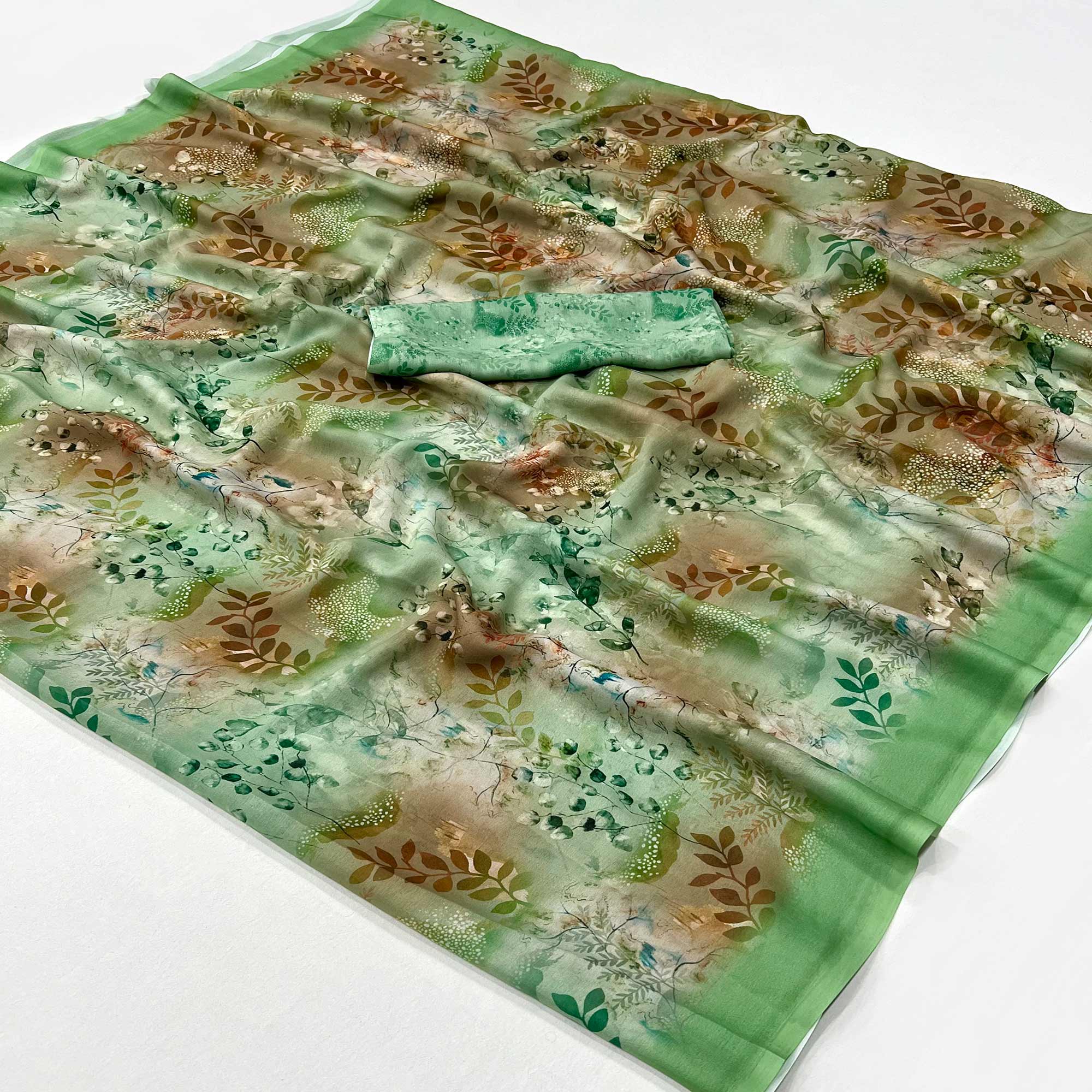Green Floral Digital Printed Georgette Saree
