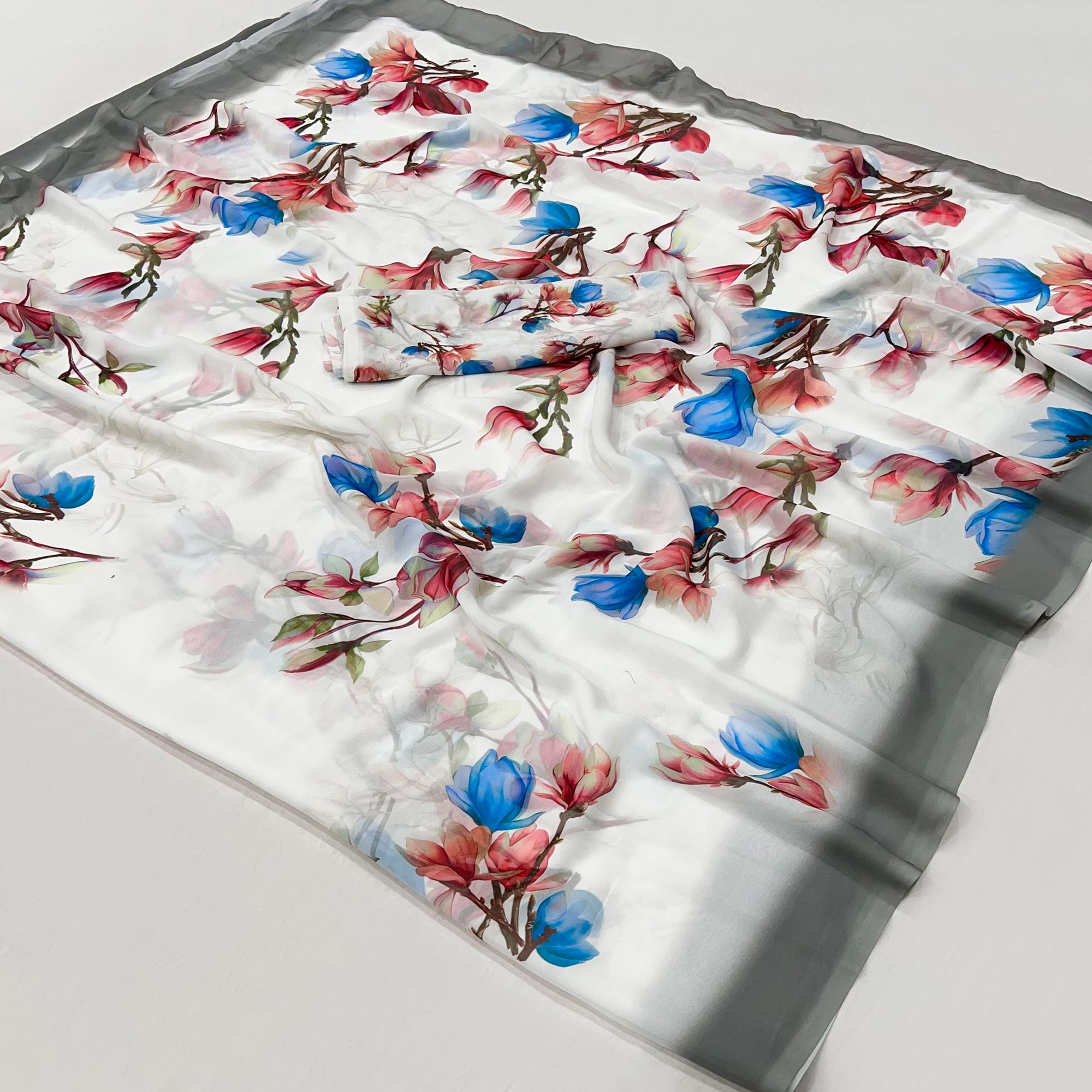 White Floral Digital Printed Georgette Saree
