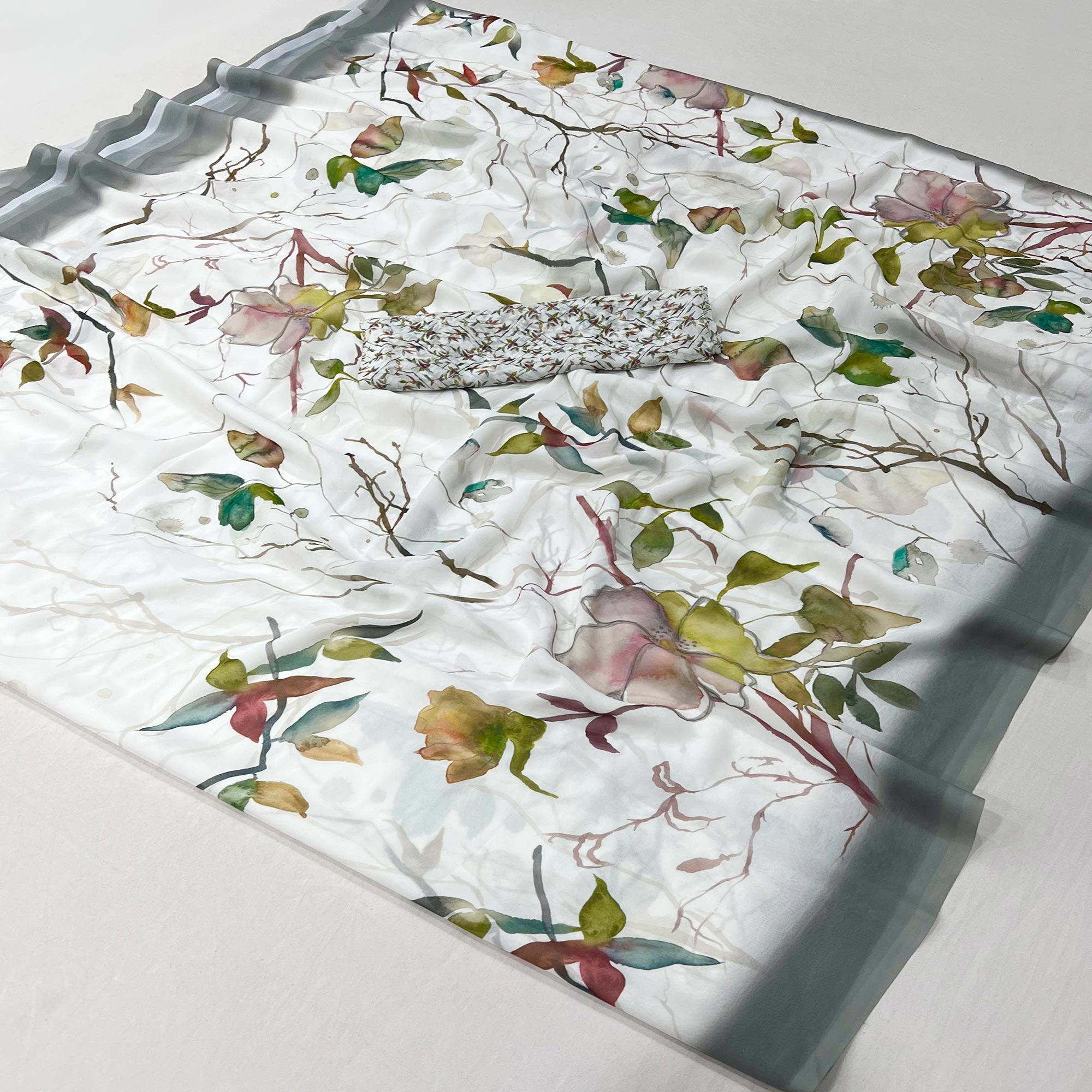 White Floral Digital Printed Georgette Saree