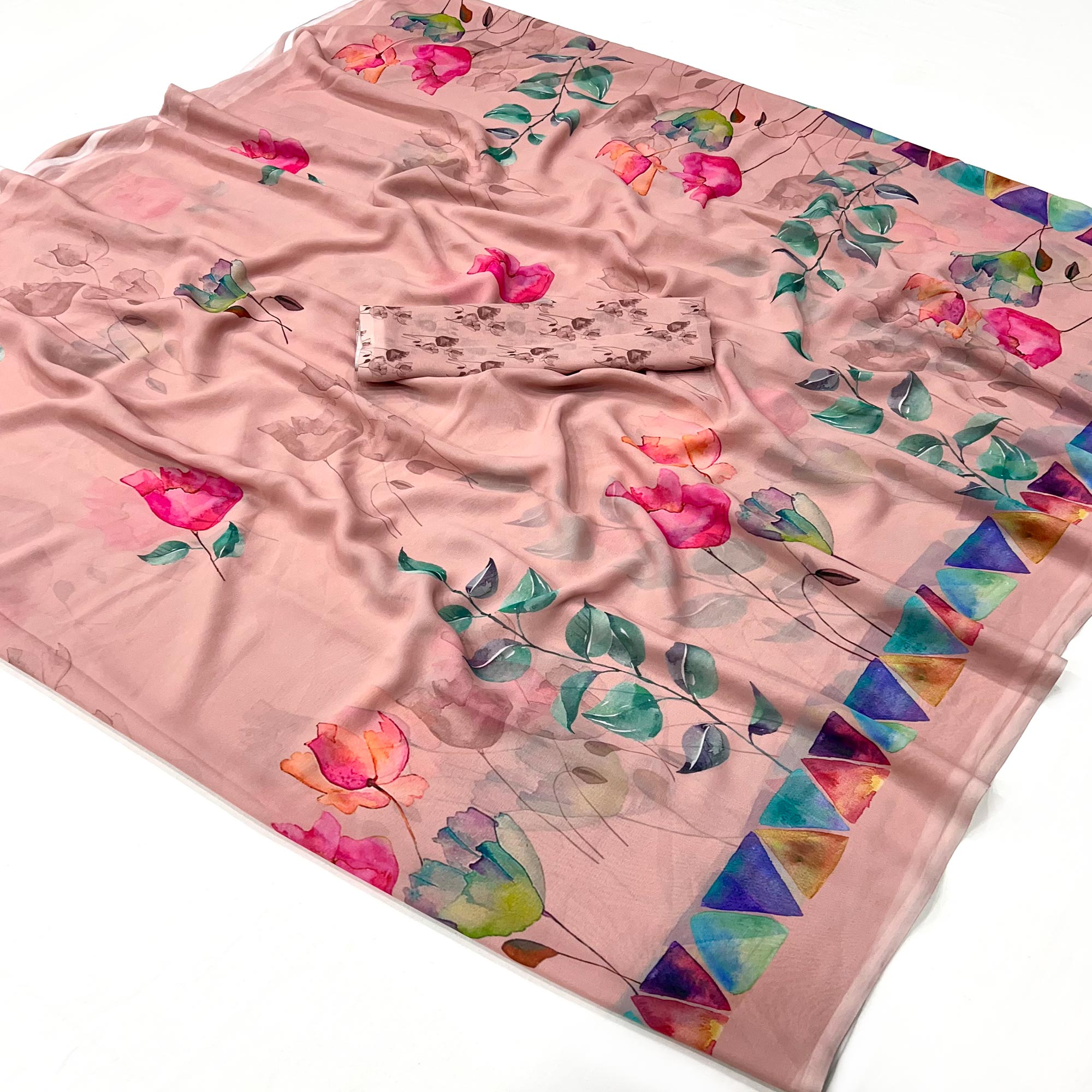 Peach Floral Digital Printed Georgette Saree