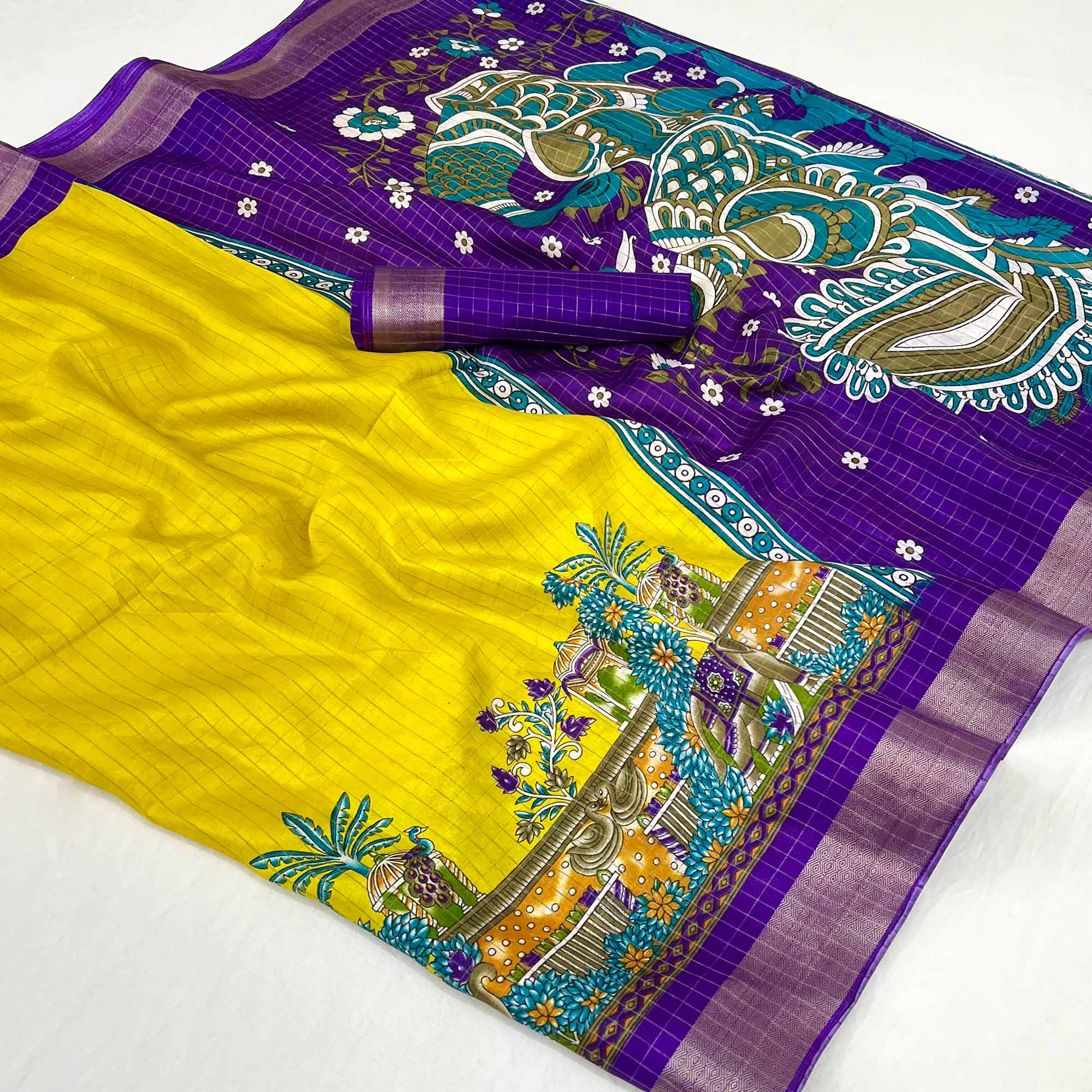 Yellow Checkes Zari Woven With Floral Printed Dola Silk Saree