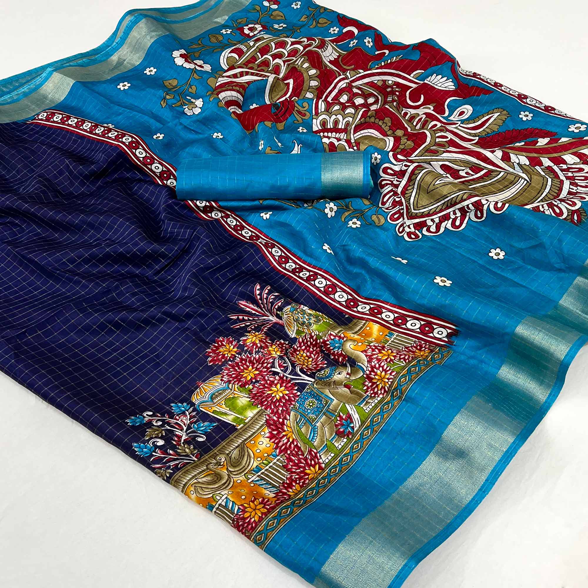 Navy Blue Checkes Zari Woven With Floral Printed Dola Silk Saree