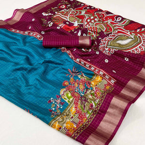 Blue Checkes Zari Woven With Floral Printed Dola Silk Saree
