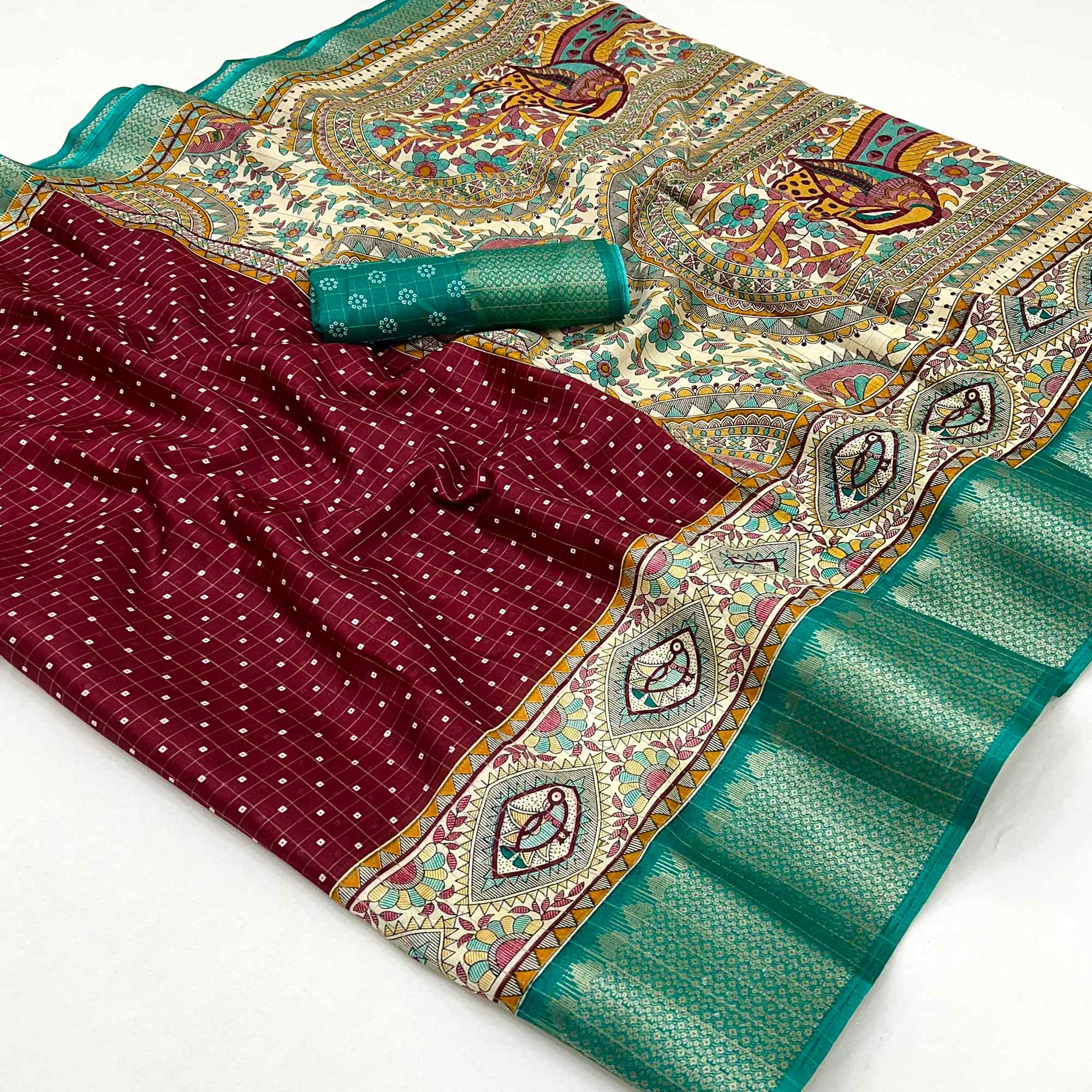 Maroon Checkes Zari Woven With Floral Printed Dola Silk Saree