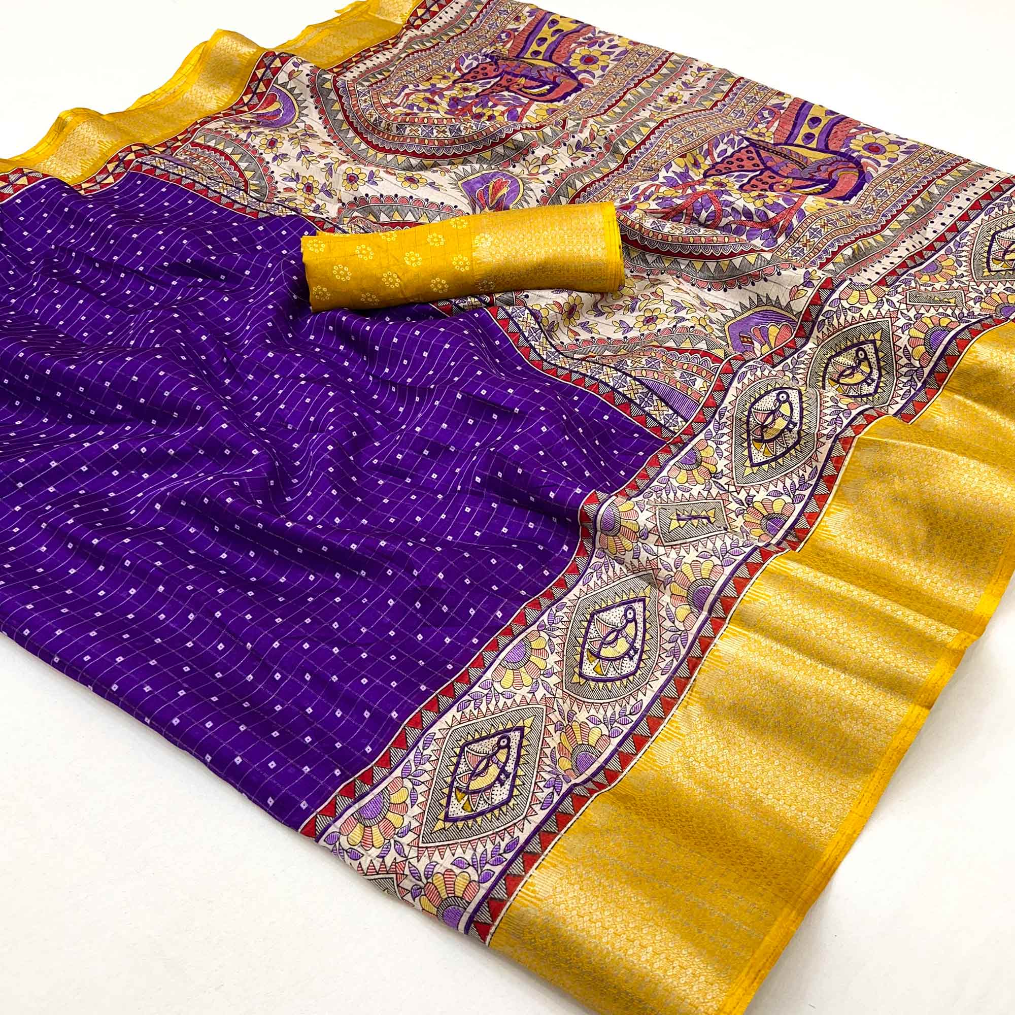 Violet Checkes Zari Woven With Floral Printed Dola Silk Saree