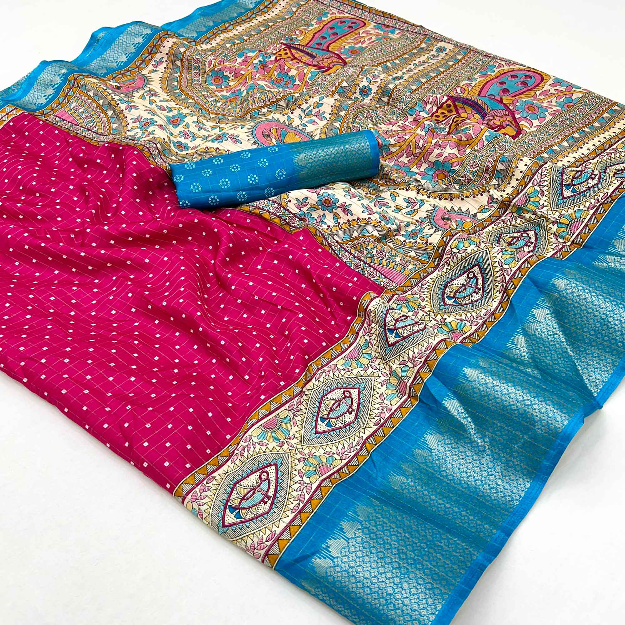 Pink Checkes Zari Woven With Floral Printed Dola Silk Saree