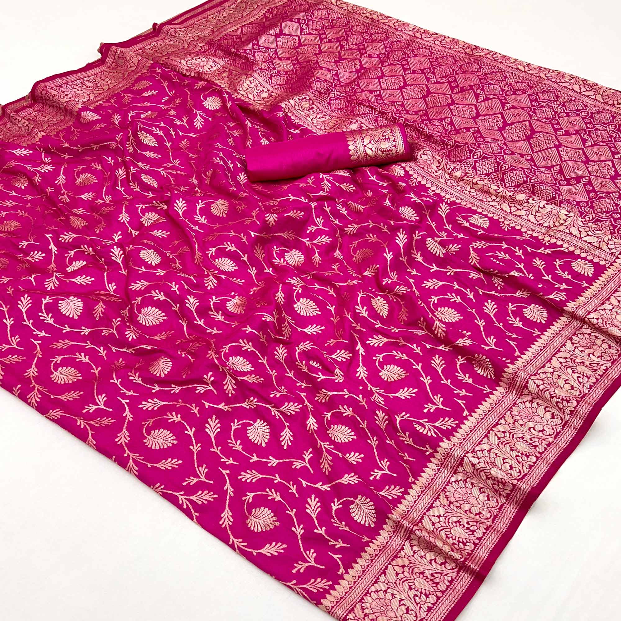 Rani Pink Floral Zari Woven Dola Silk Saree