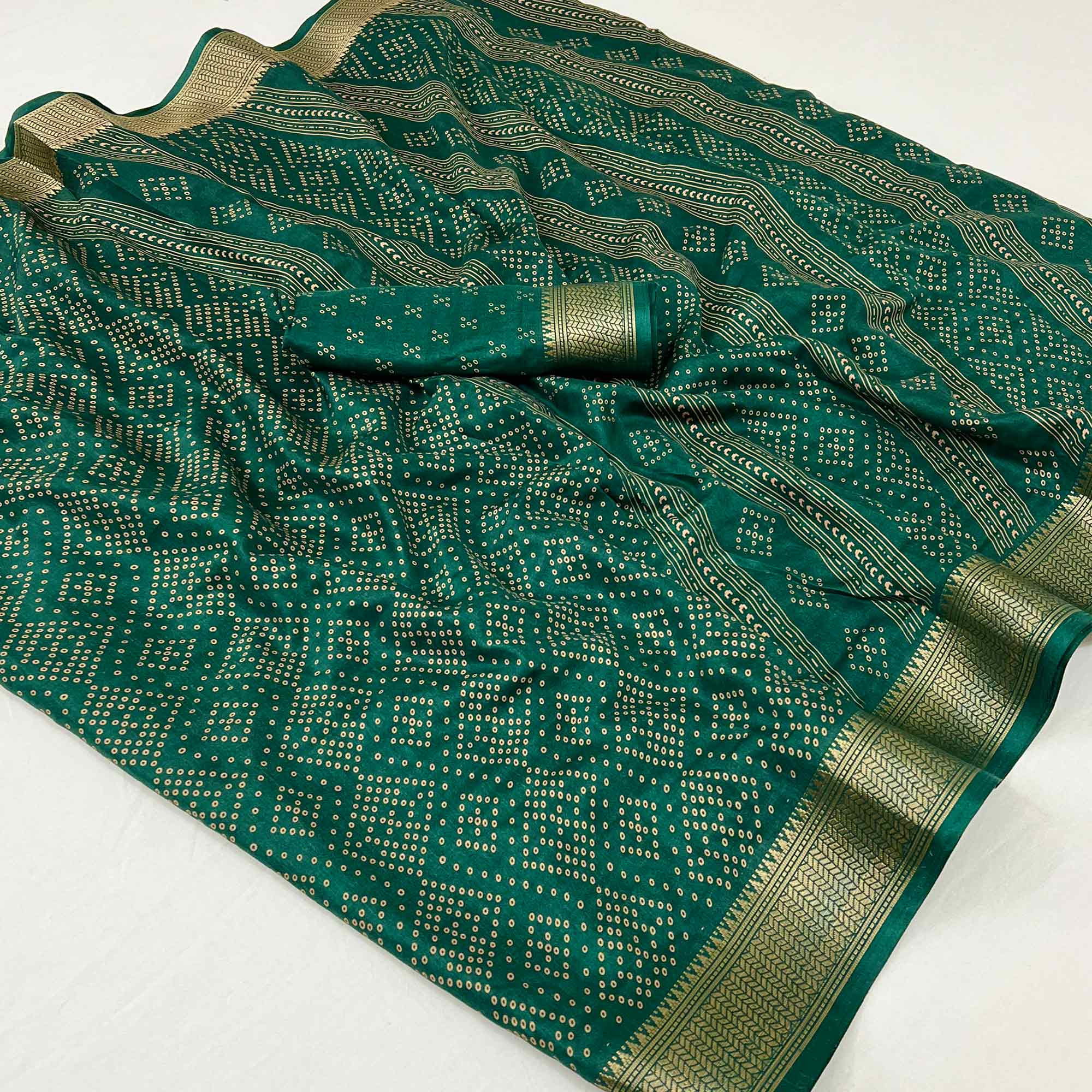 Dark Green Printed Dola Silk Saree With Jacquard Border