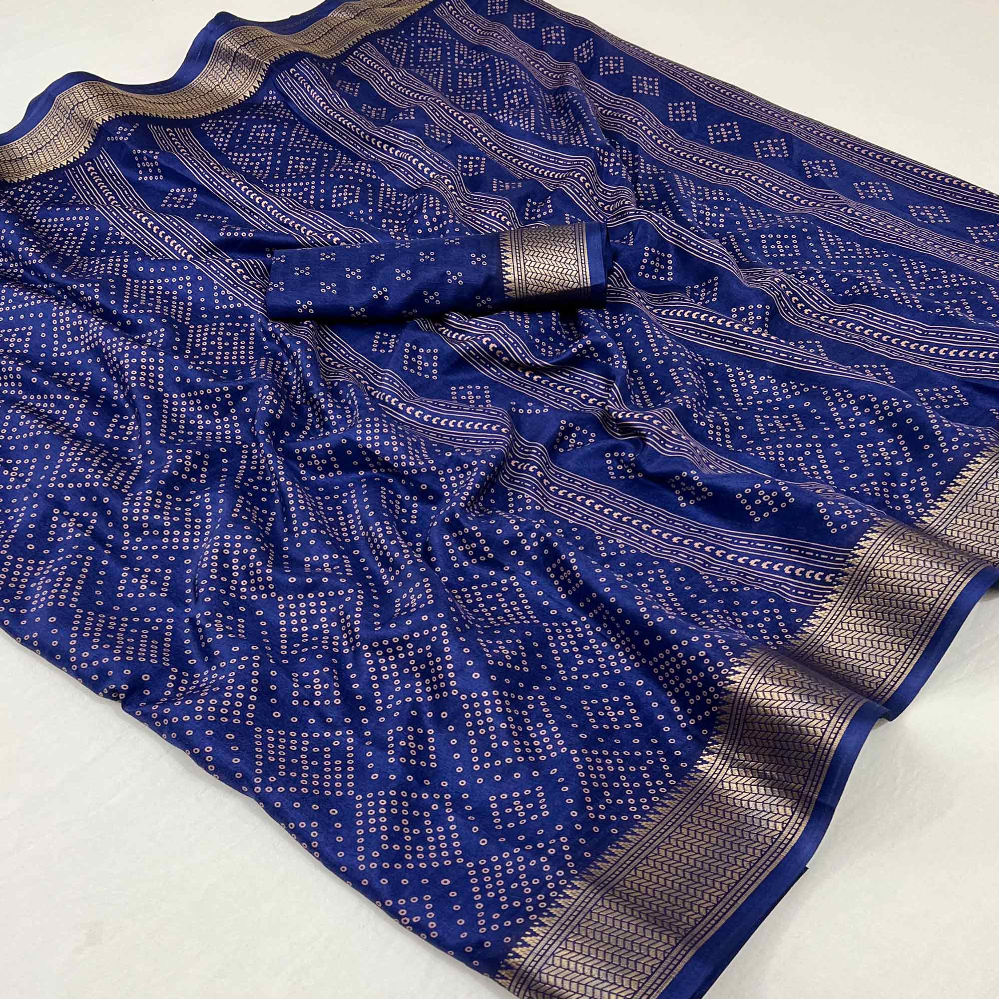 Navy Blue Printed Dola Silk Saree With Jacquard Border