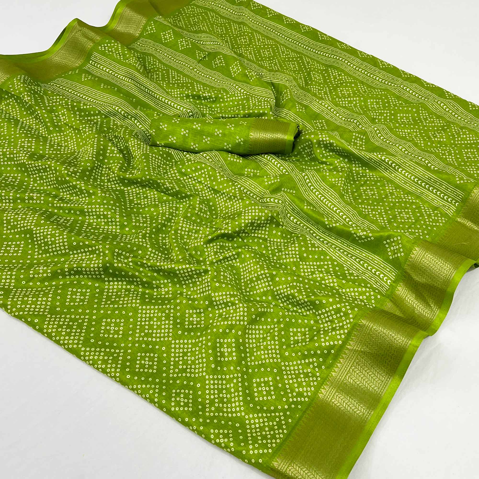 Green Printed Dola Silk Saree With Jacquard Border