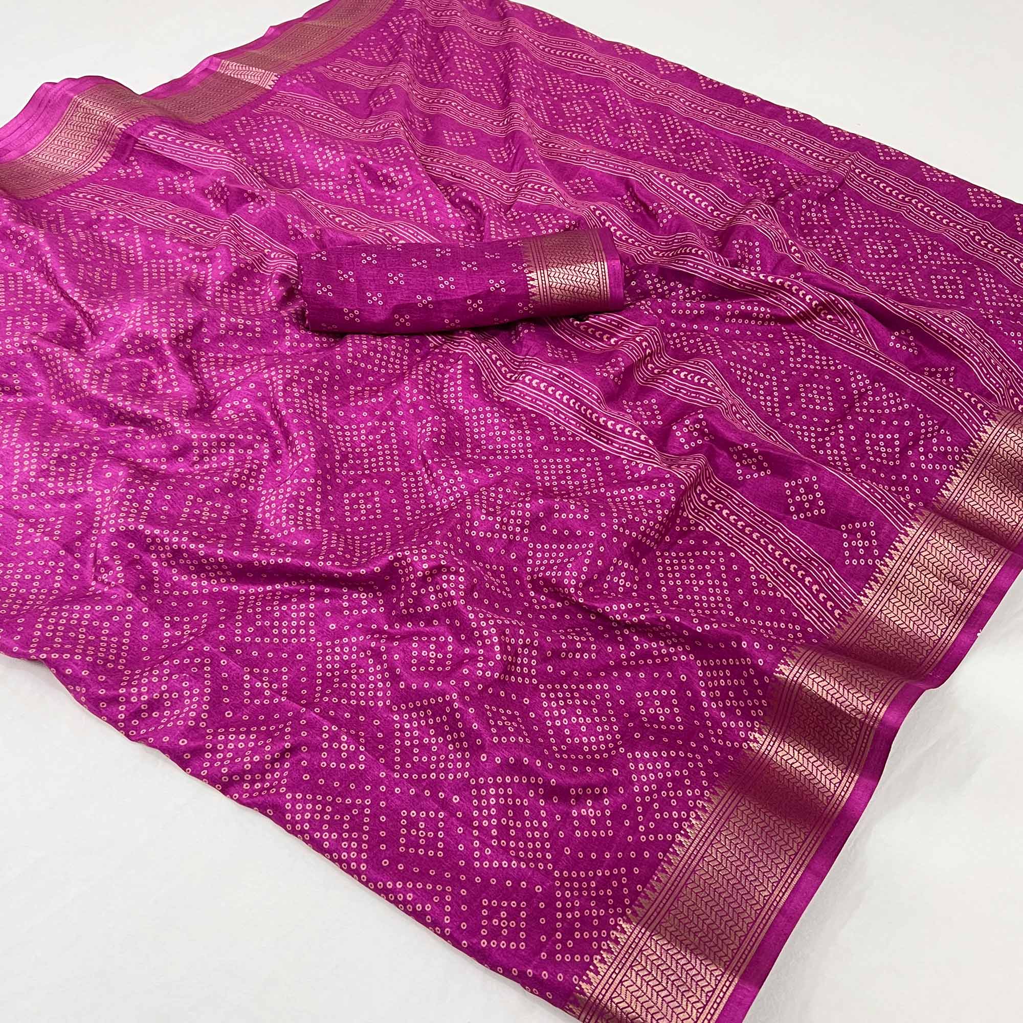 Magenta Printed Dola Silk Saree With Jacquard Border
