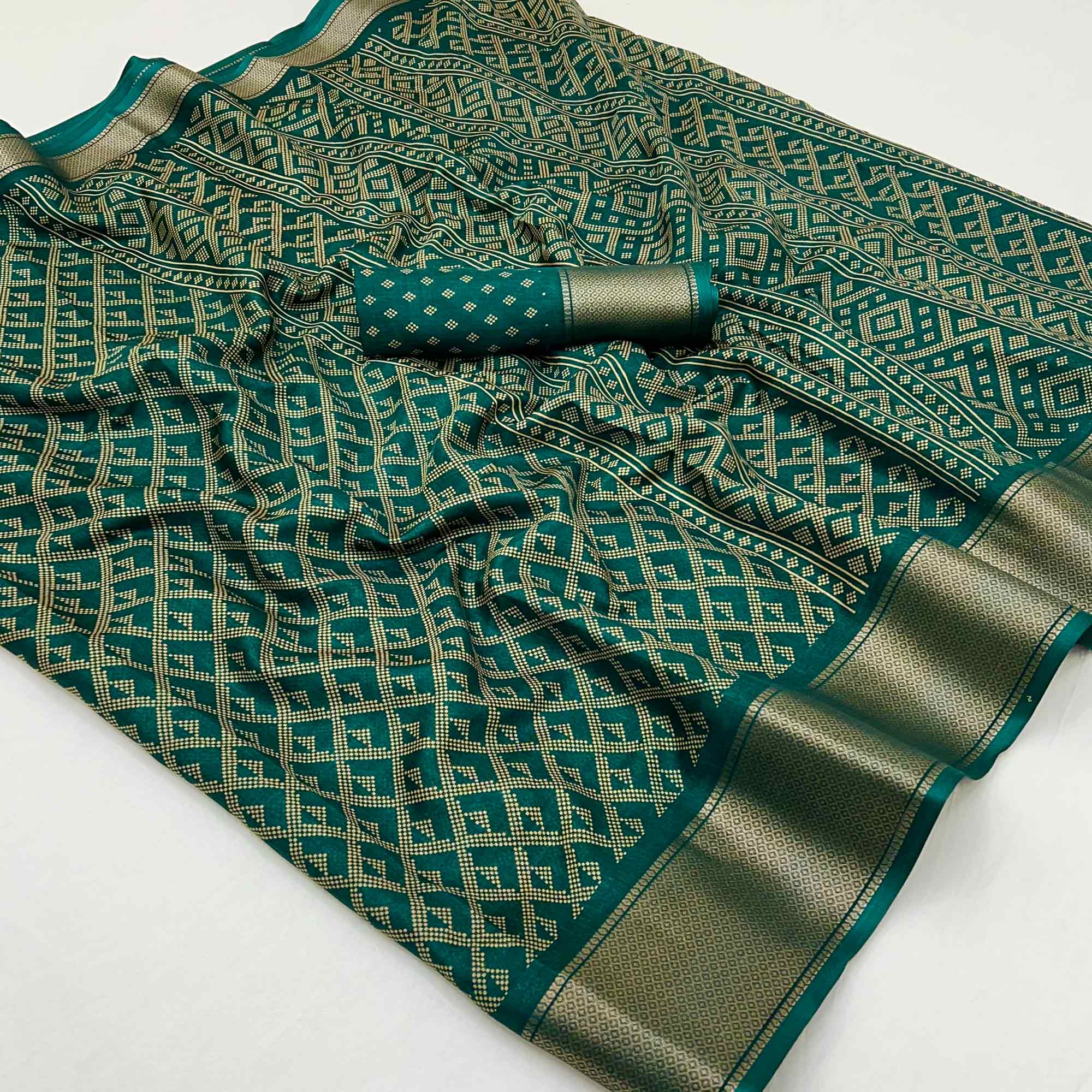 Green Printed Dola Silk Saree With Jacquard Border