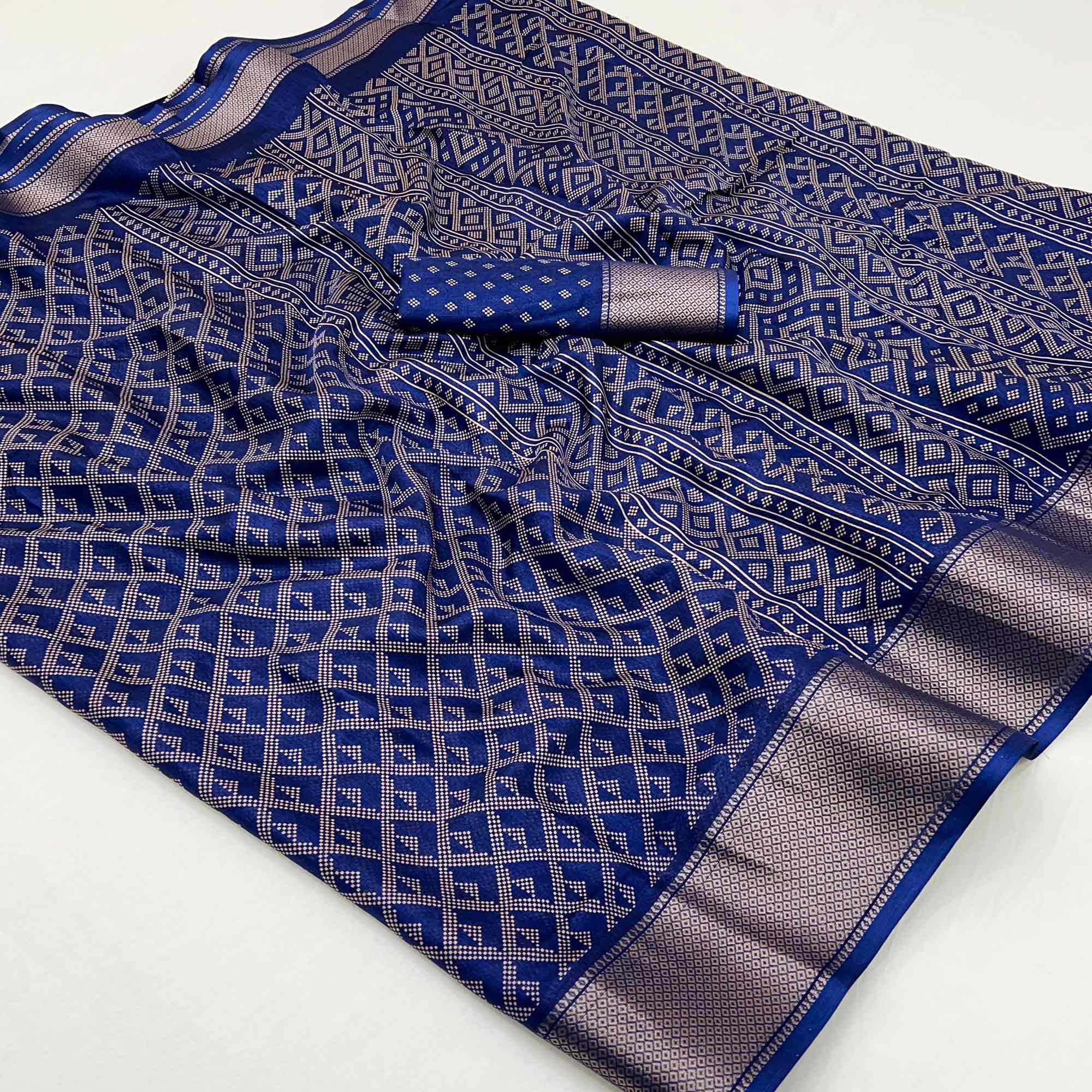 Navy Blue Printed Dola Silk Saree With Jacquard Border