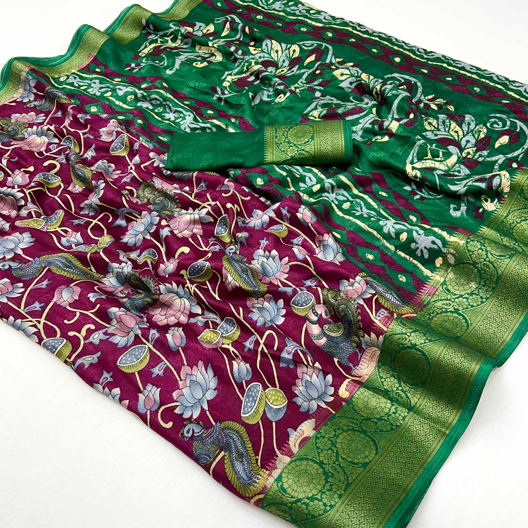 Wine Kalamkari Printed Georgette Saree With Jacquard Border