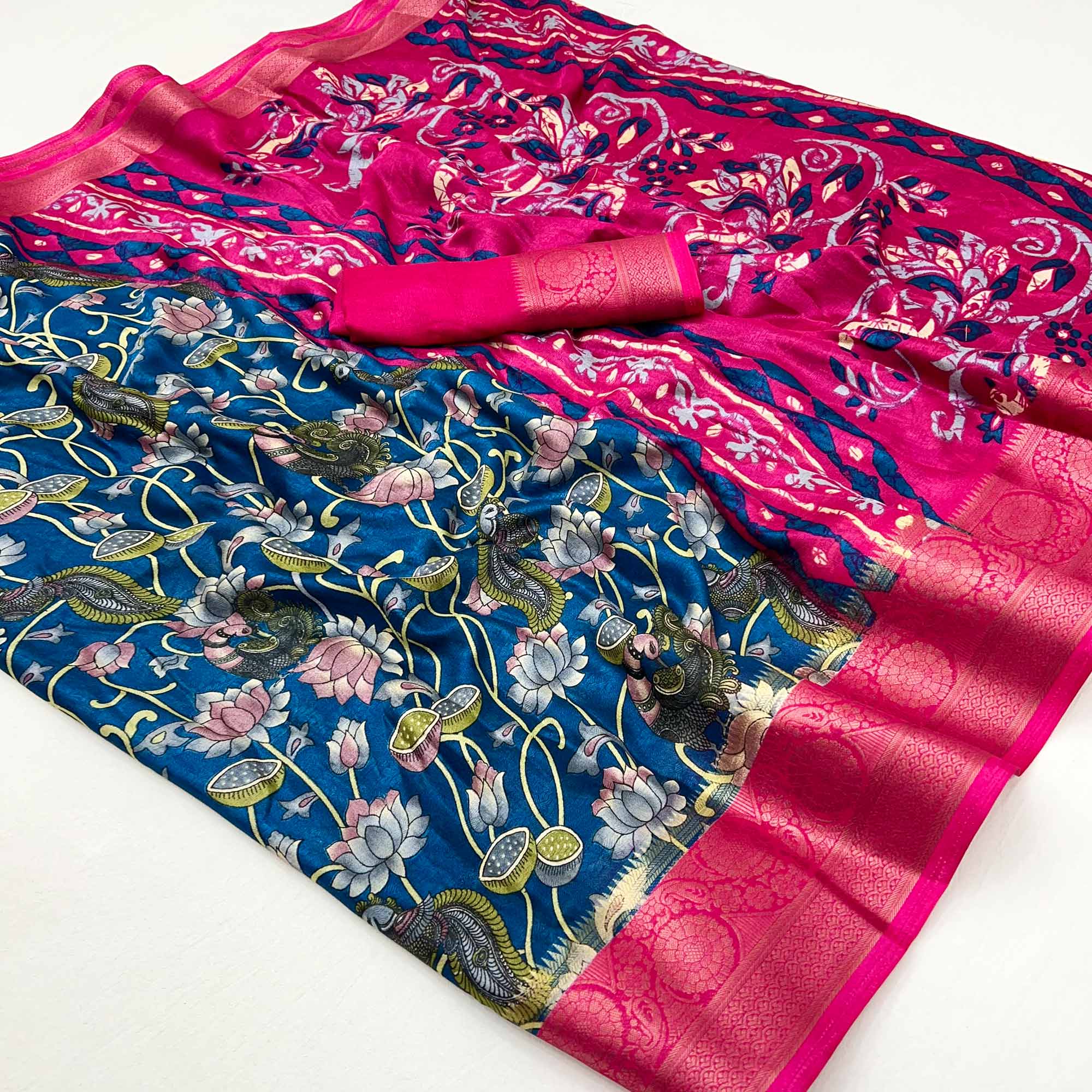 Blue Kalamkari Printed Georgette Saree With Jacquard Border