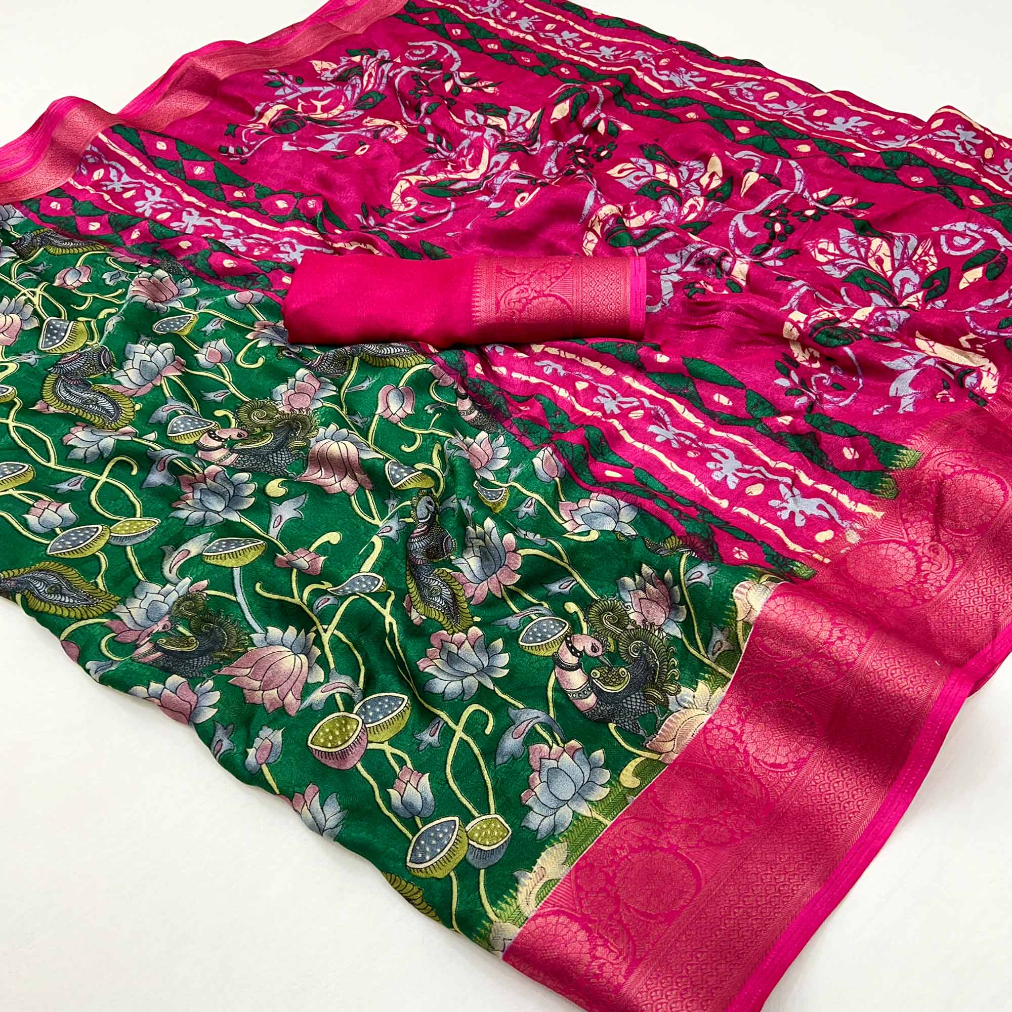 Green Kalamkari Printed Georgette Saree With Jacquard Border