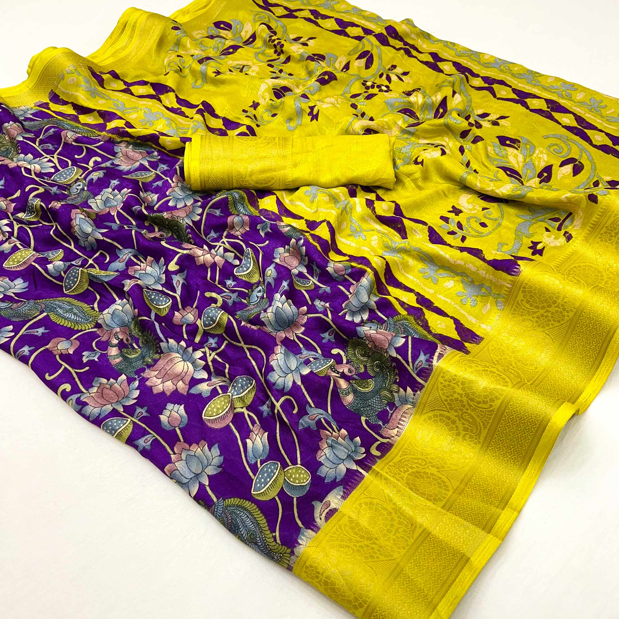 Purple Kalamkari Printed Georgette Saree With Jacquard Border