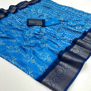 Blue Digital Printed Georgette Saree With Jacquard Border