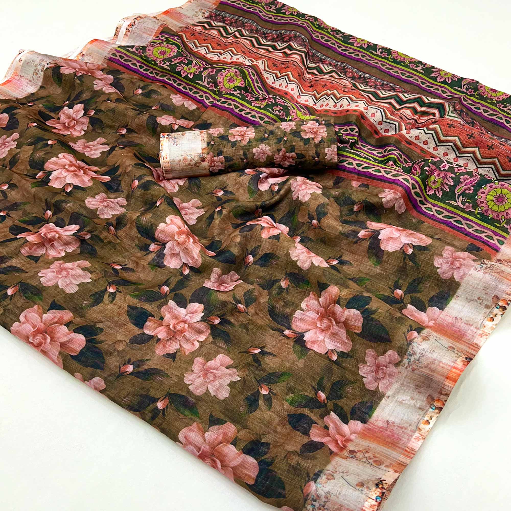 Brown Floral Digital Printed Linen Saree With Zari Border