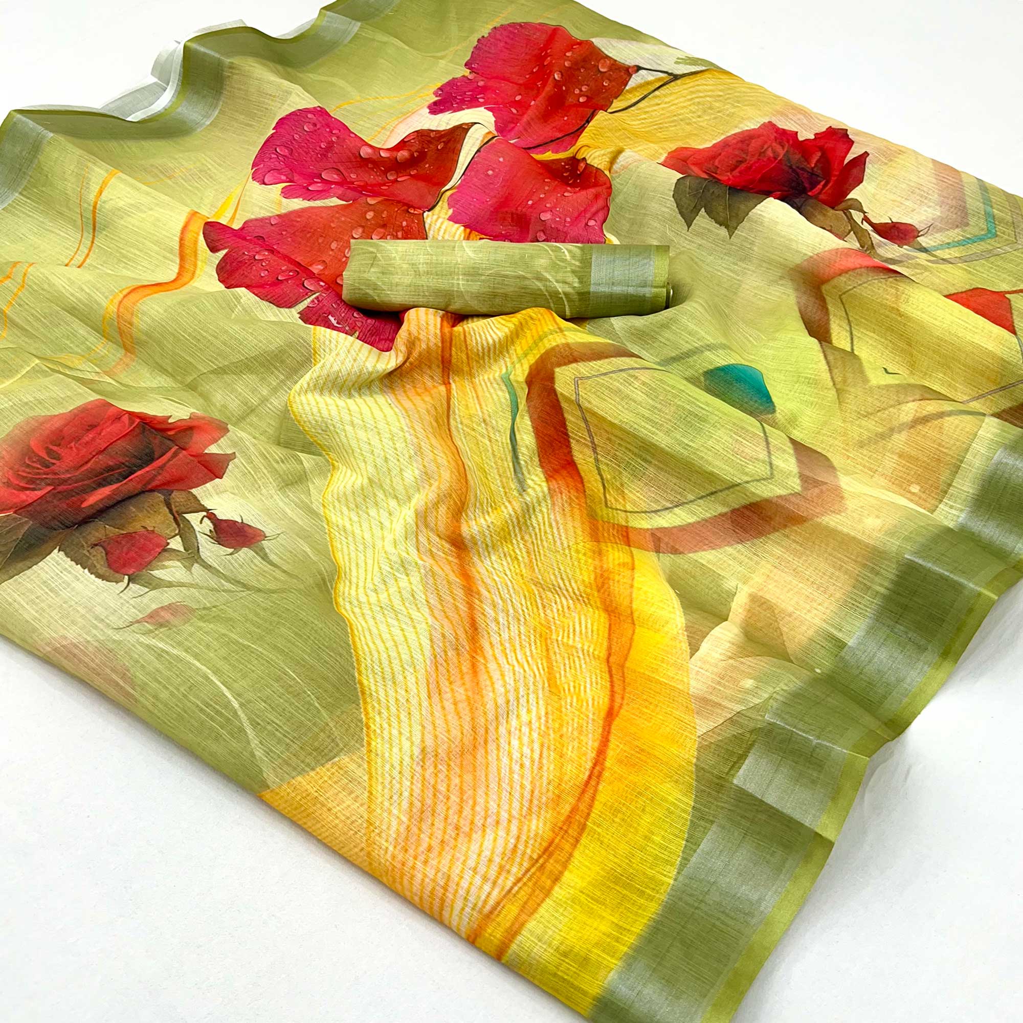 Yellow & Green Floral Digital Printed Linen Saree With Zari Border