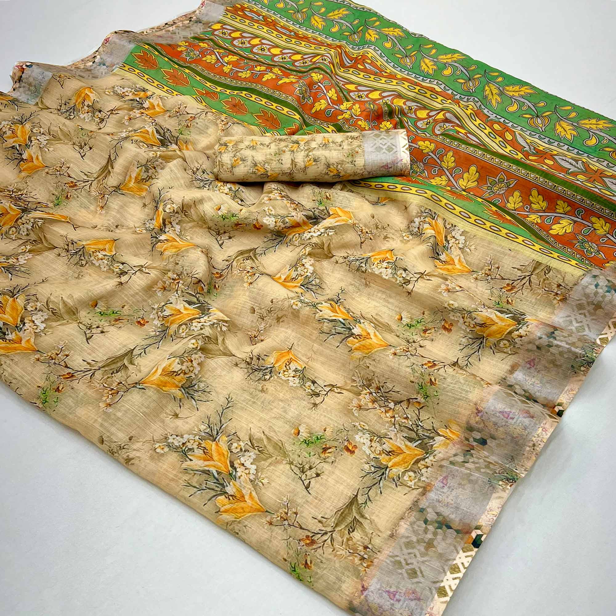 Beige Floral Digital Printed Linen Saree With Zari Border