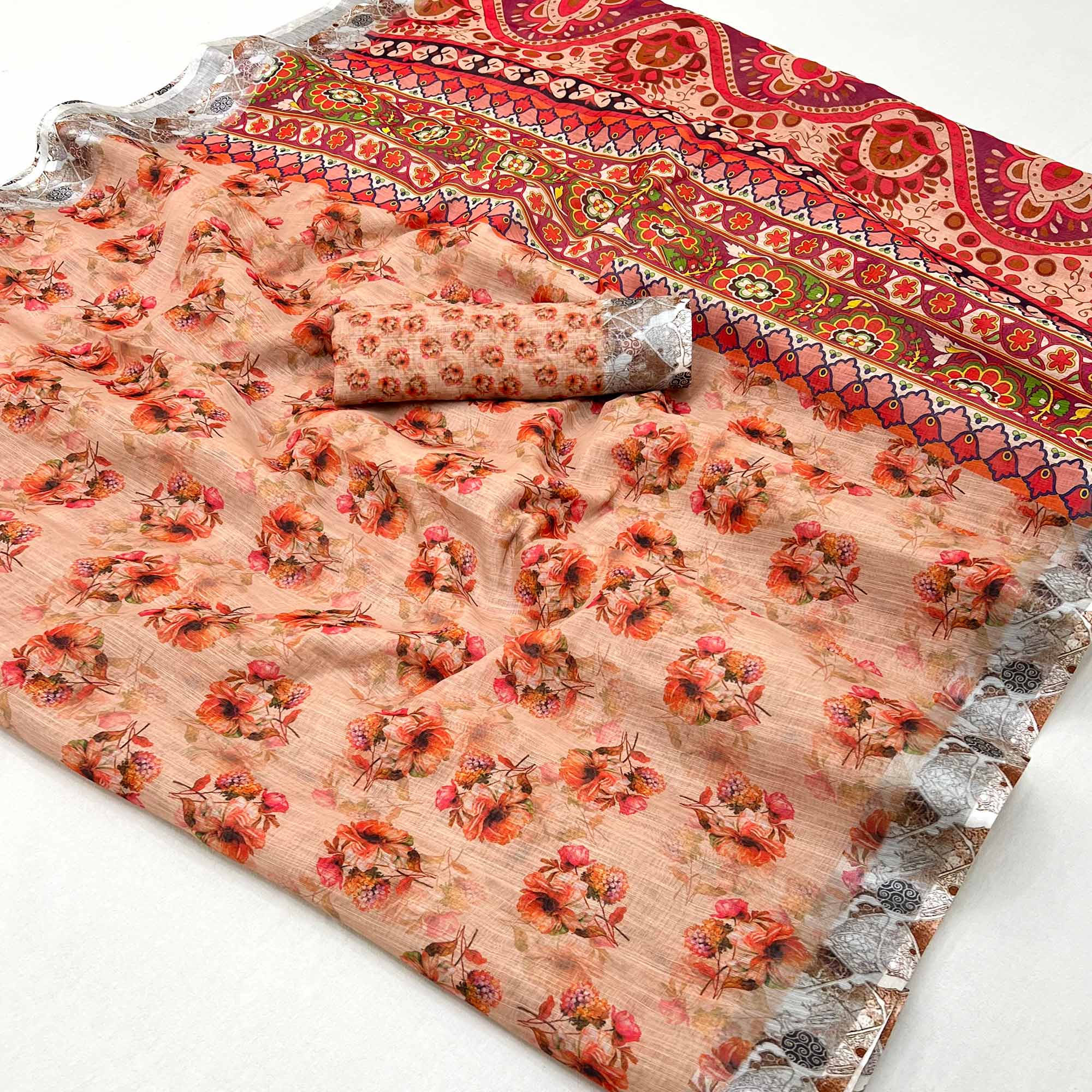 Light Orange Floral Digital Printed Linen Saree With Zari Border