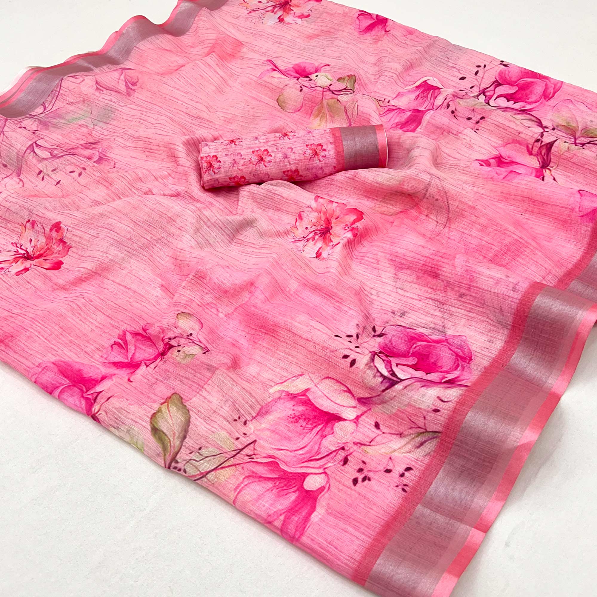 Pink Floral Digital Printed Linen Saree With Zari Border