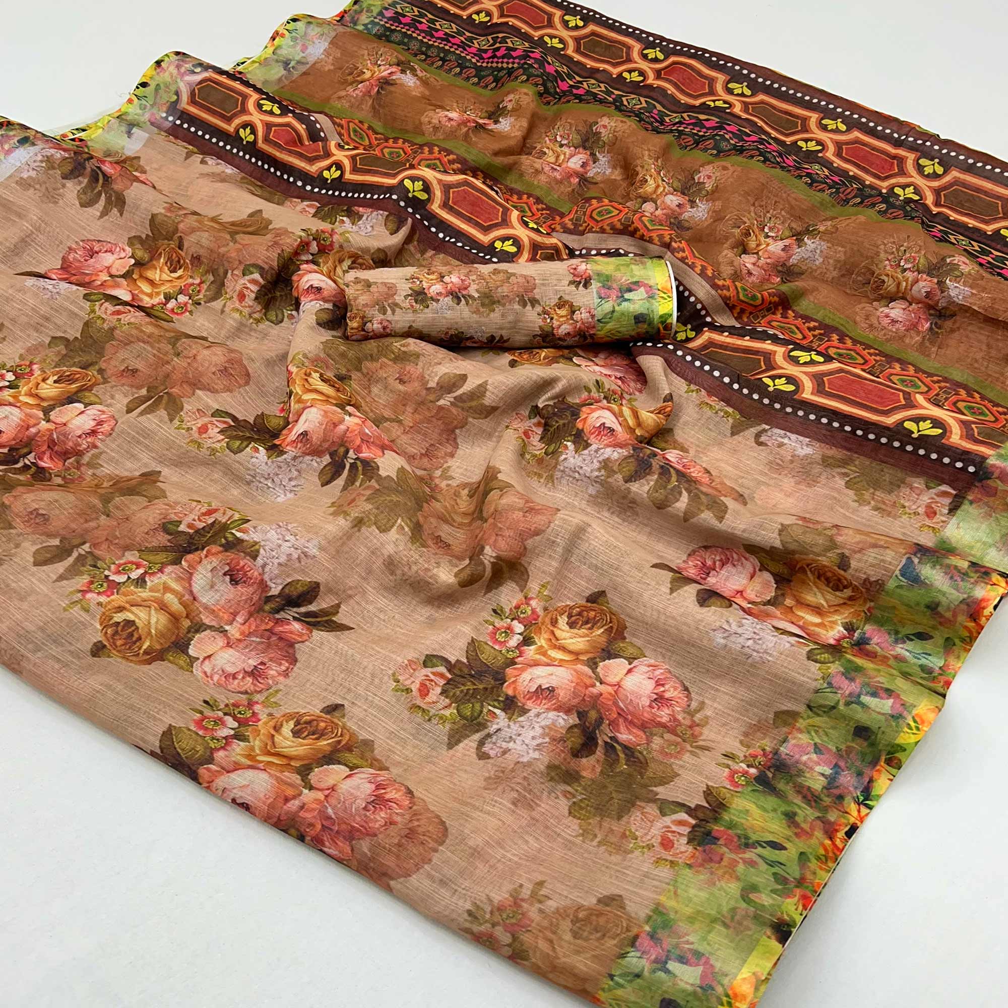 Brown Floral Digital Printed Linen Saree With Zari Border