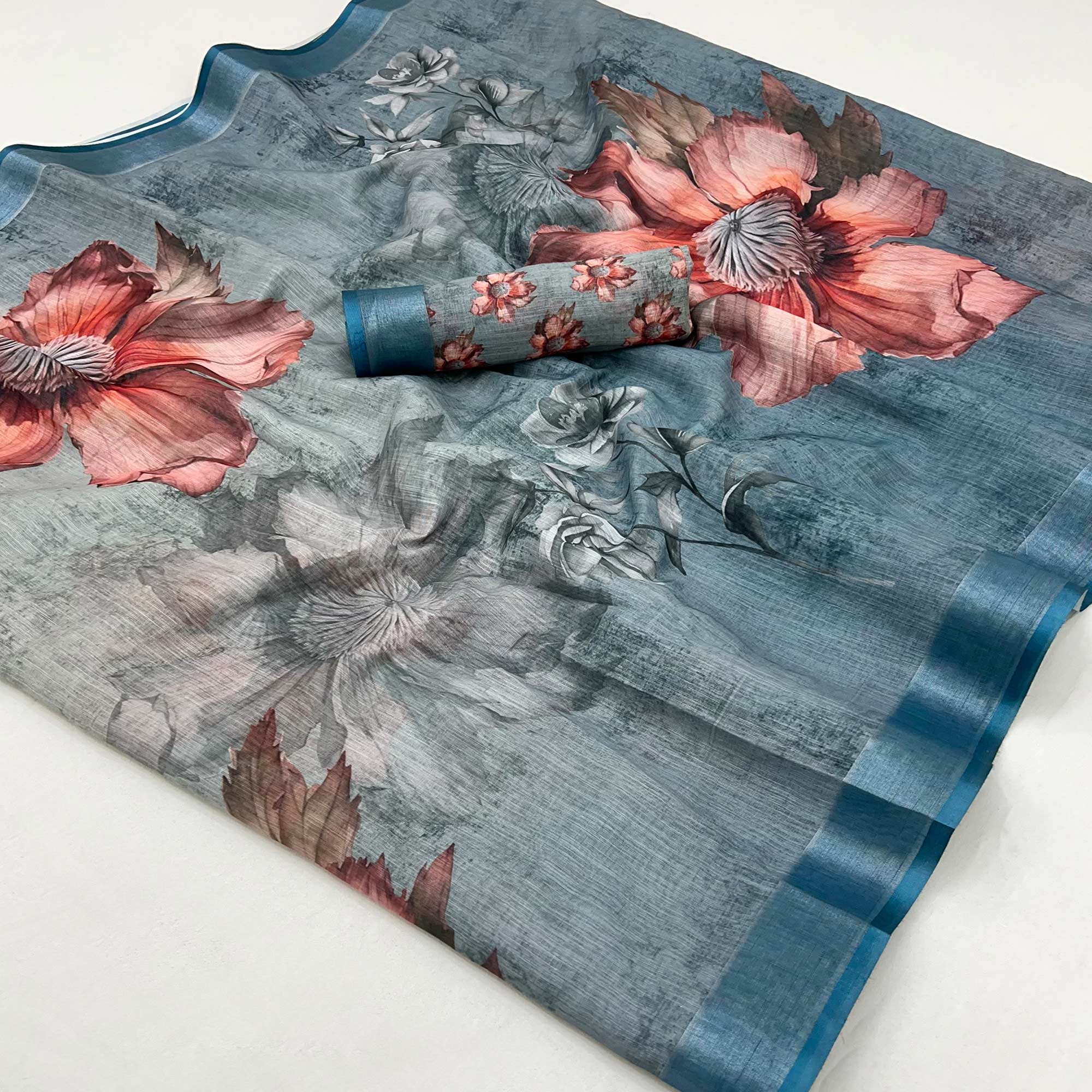 Bluish Grey Floral Digital Printed Linen Saree With Zari Border