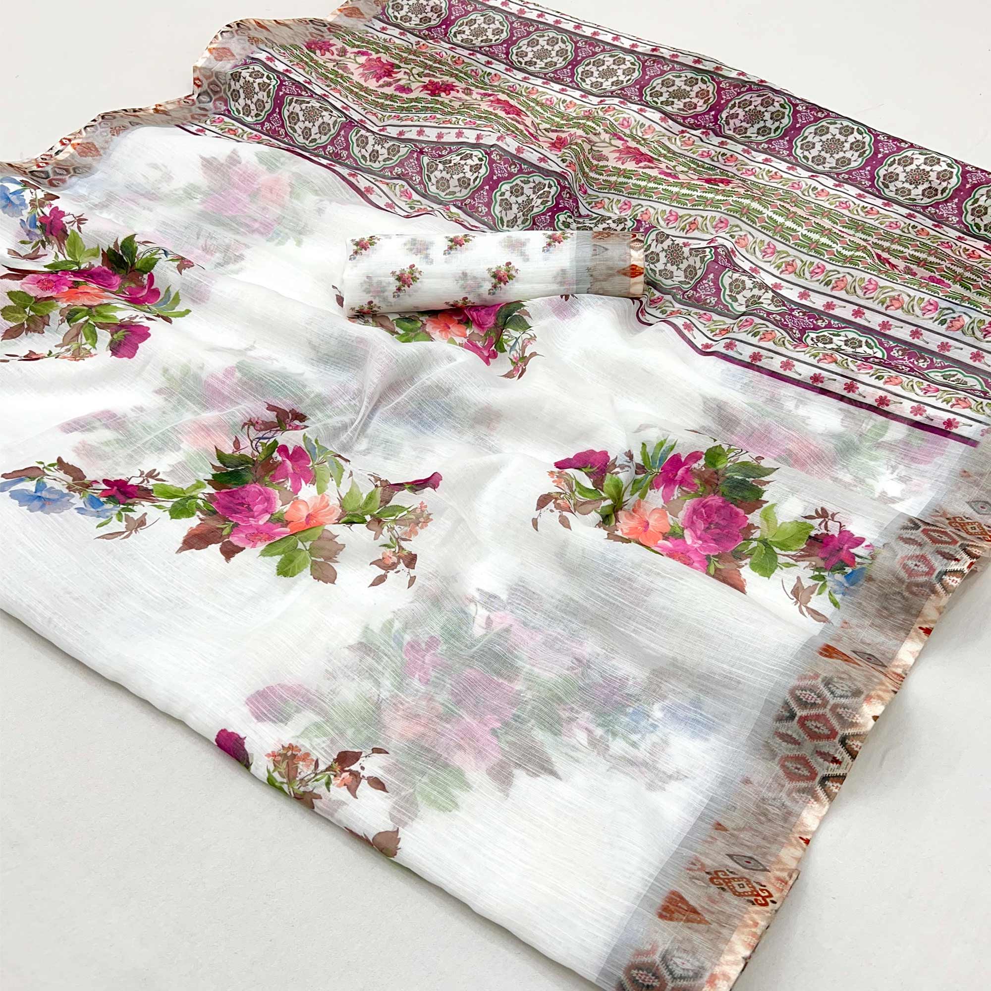 White Floral Digital Printed Linen Saree With Zari Border