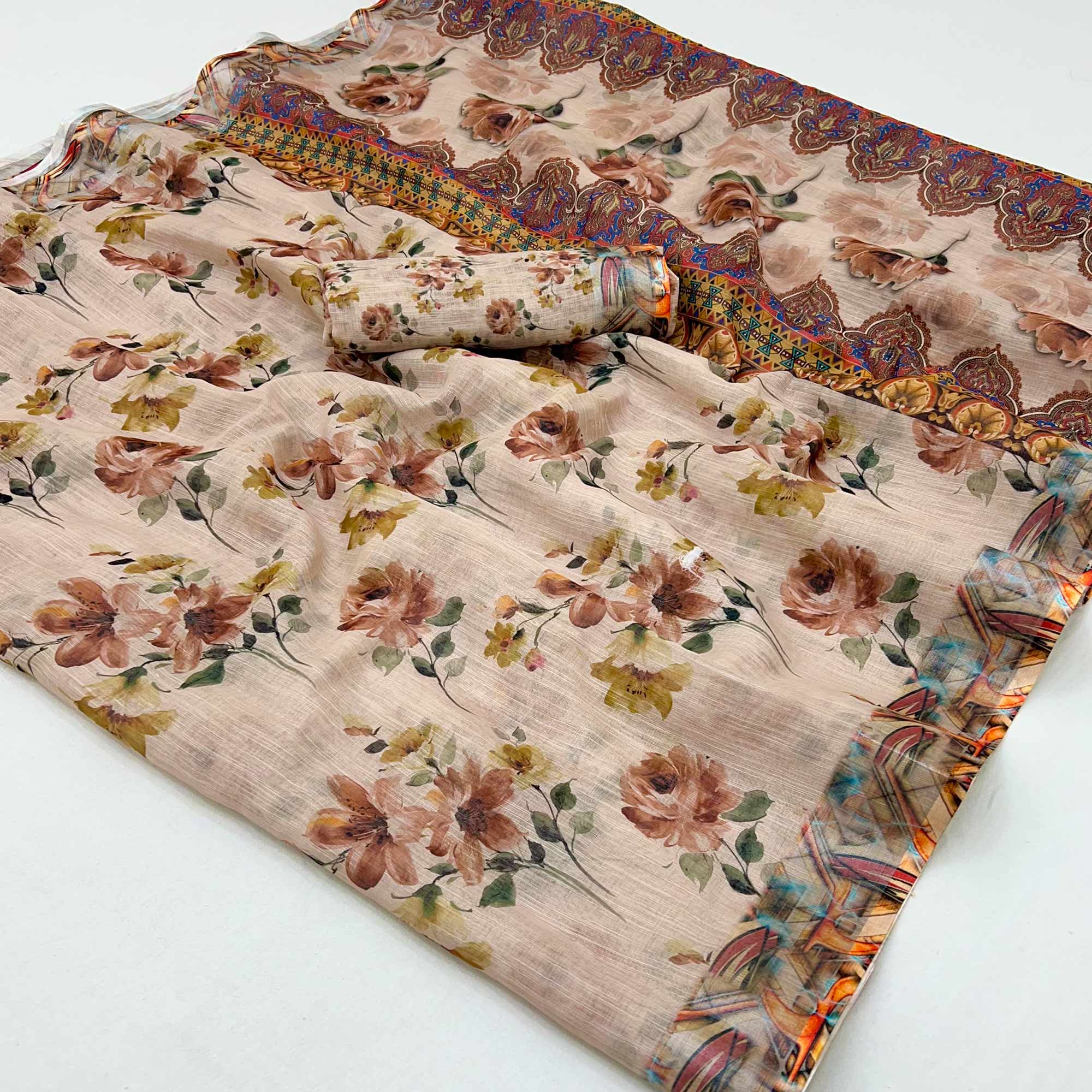 Light Brown Floral Digital Printed Linen Saree With Zari Border