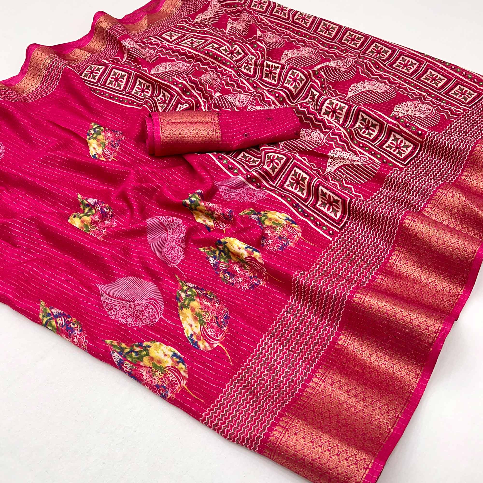 Pink Floral Printed Dola Silk Saree With Jacquard Border