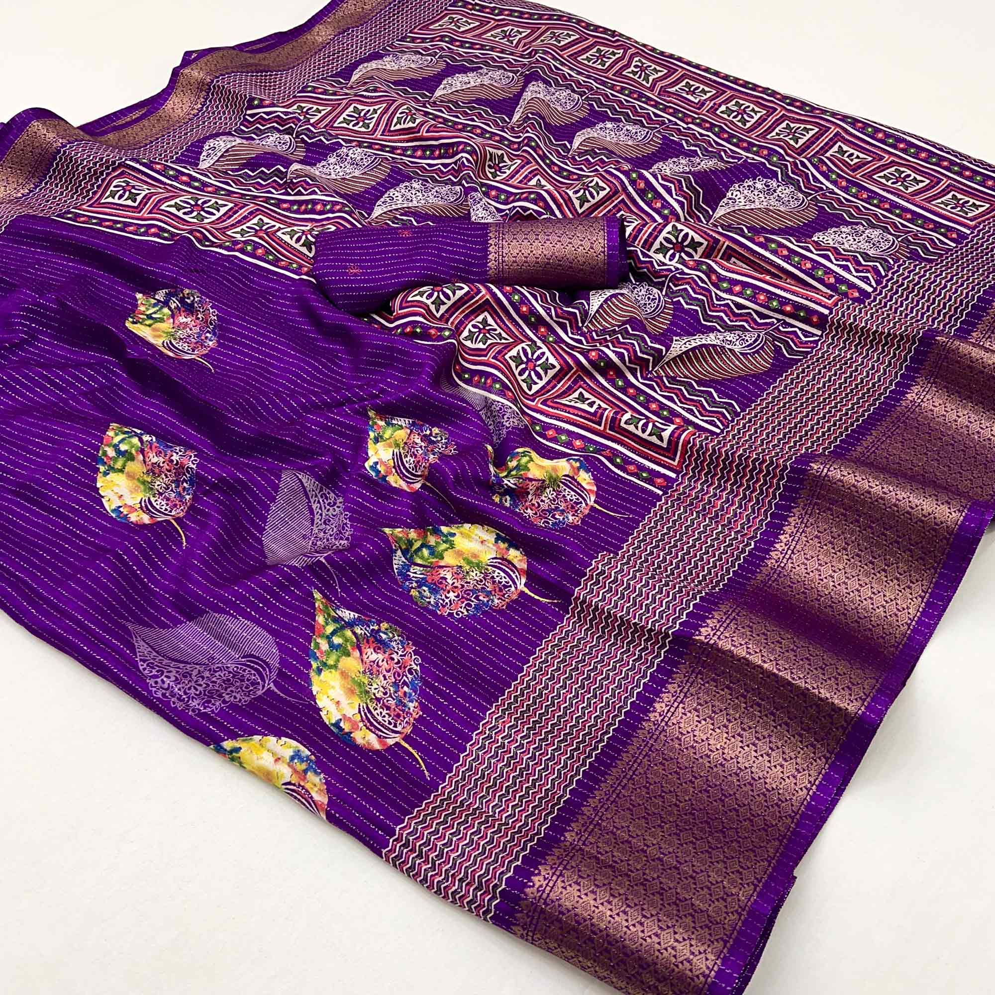 Purple Floral Printed Dola Silk Saree With Jacquard Border