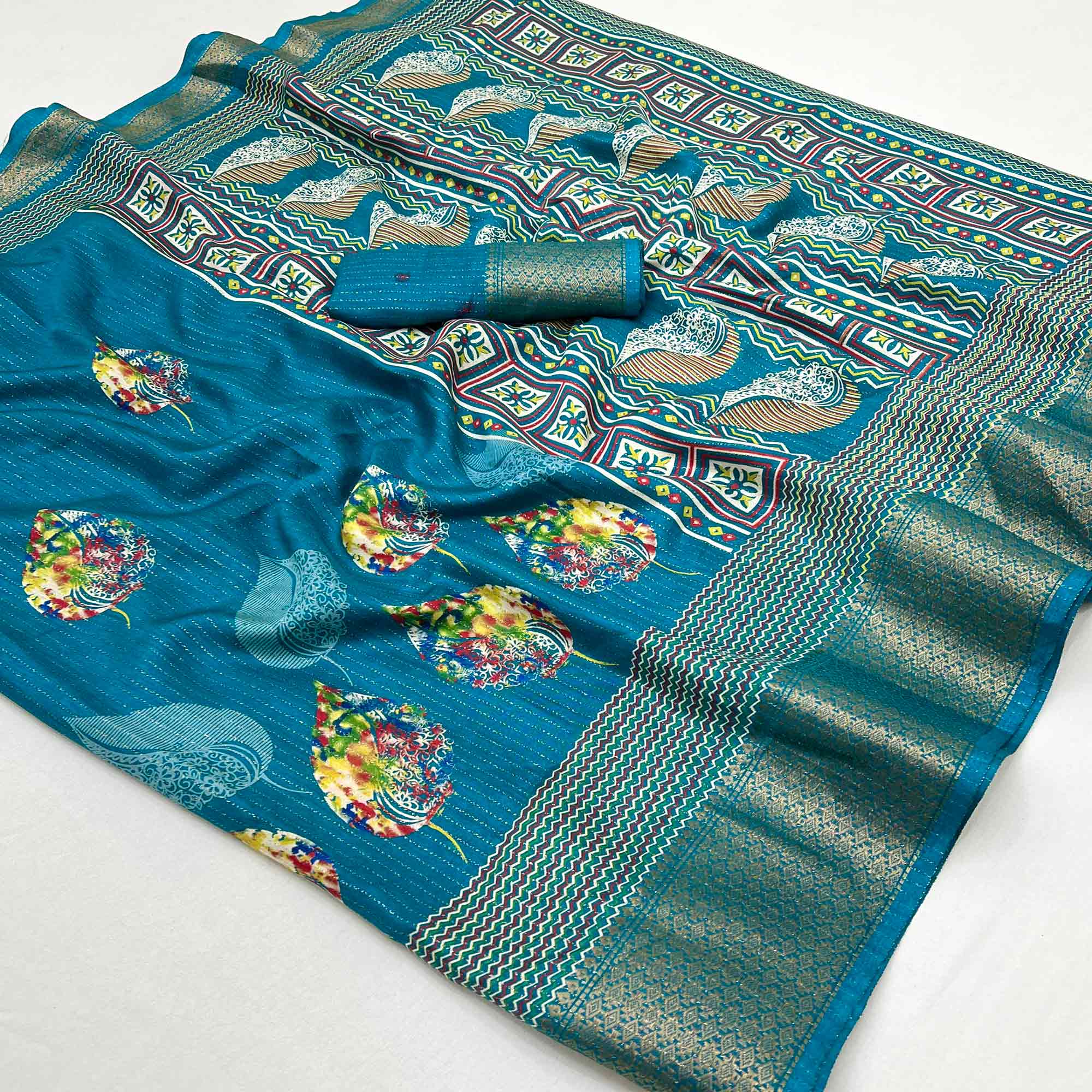 Teal Floral Printed Dola Silk Saree With Jacquard Border