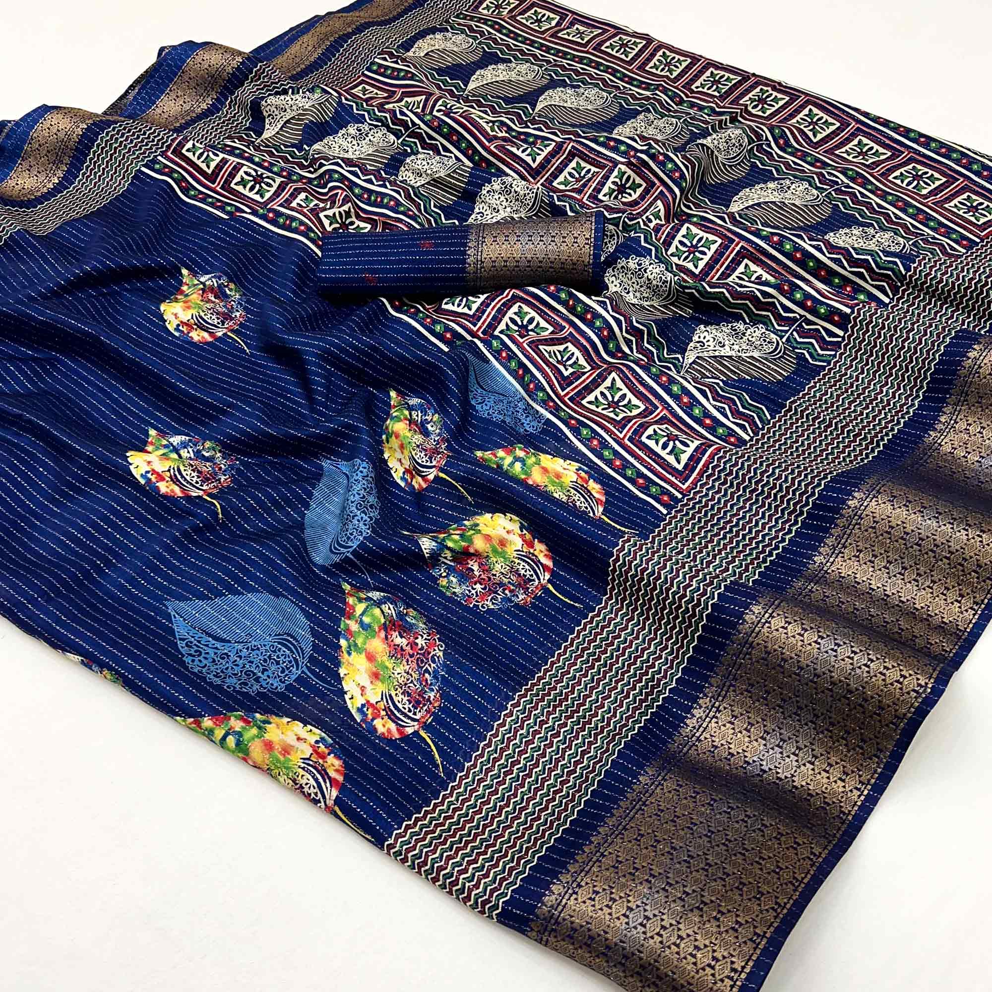 Blue Floral Printed Dola Silk Saree With Jacquard Border