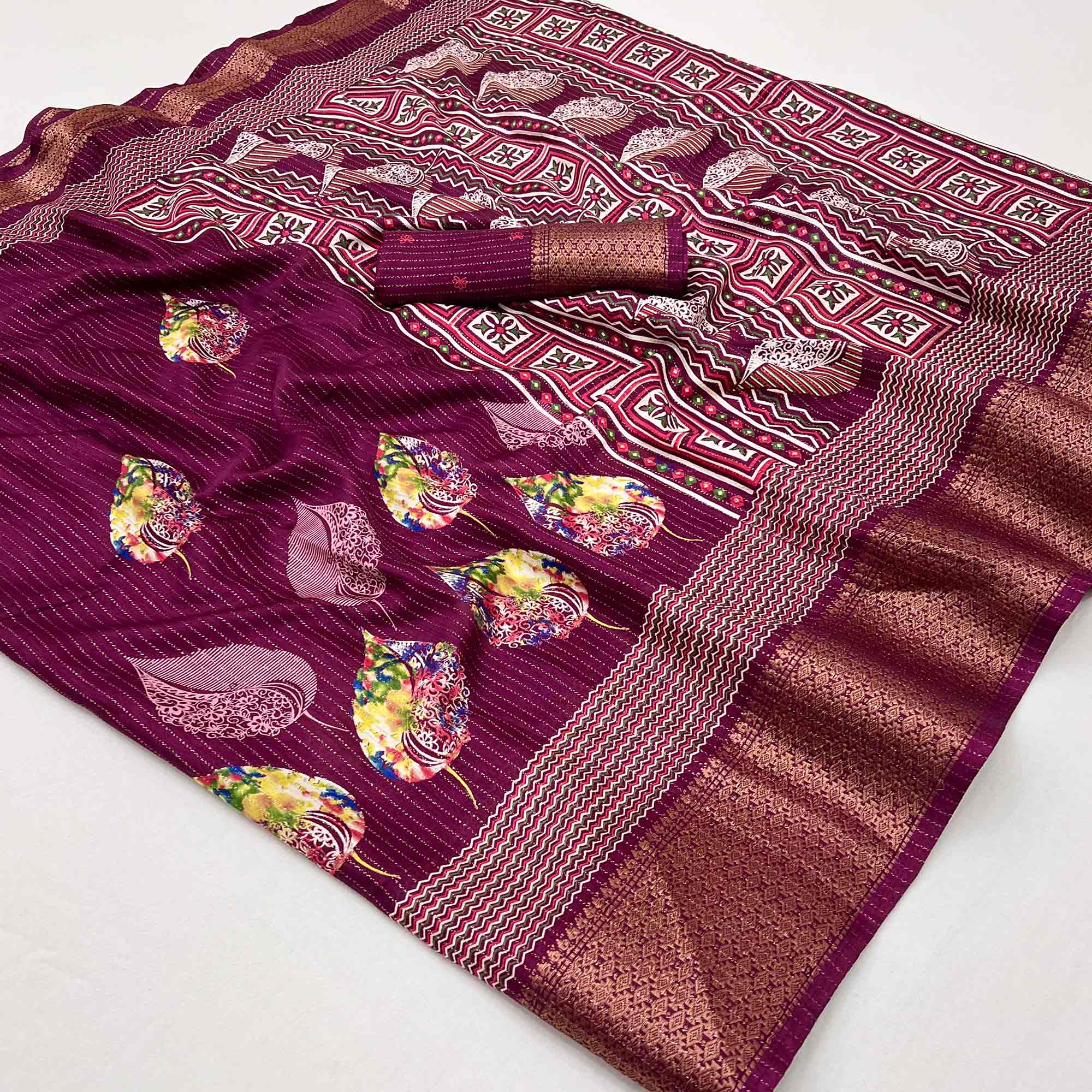 Wine Floral Printed Dola Silk Saree With Jacquard Border