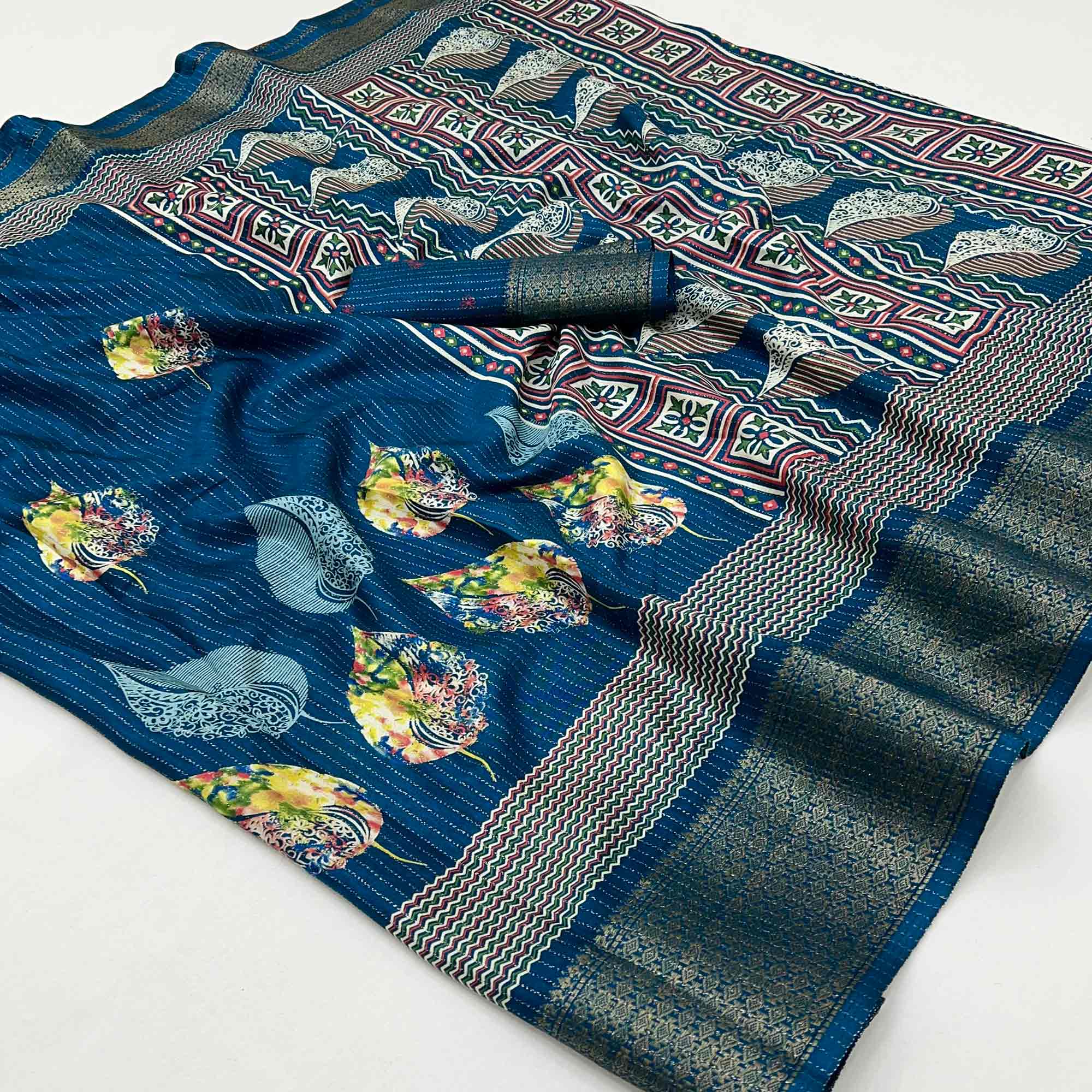 Dark Teal Floral Printed Dola Silk Saree With Jacquard Border