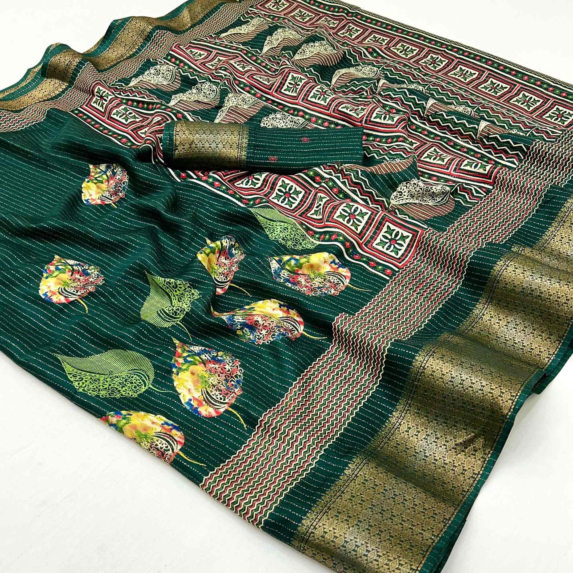 Green Floral Printed Dola Silk Saree With Jacquard Border