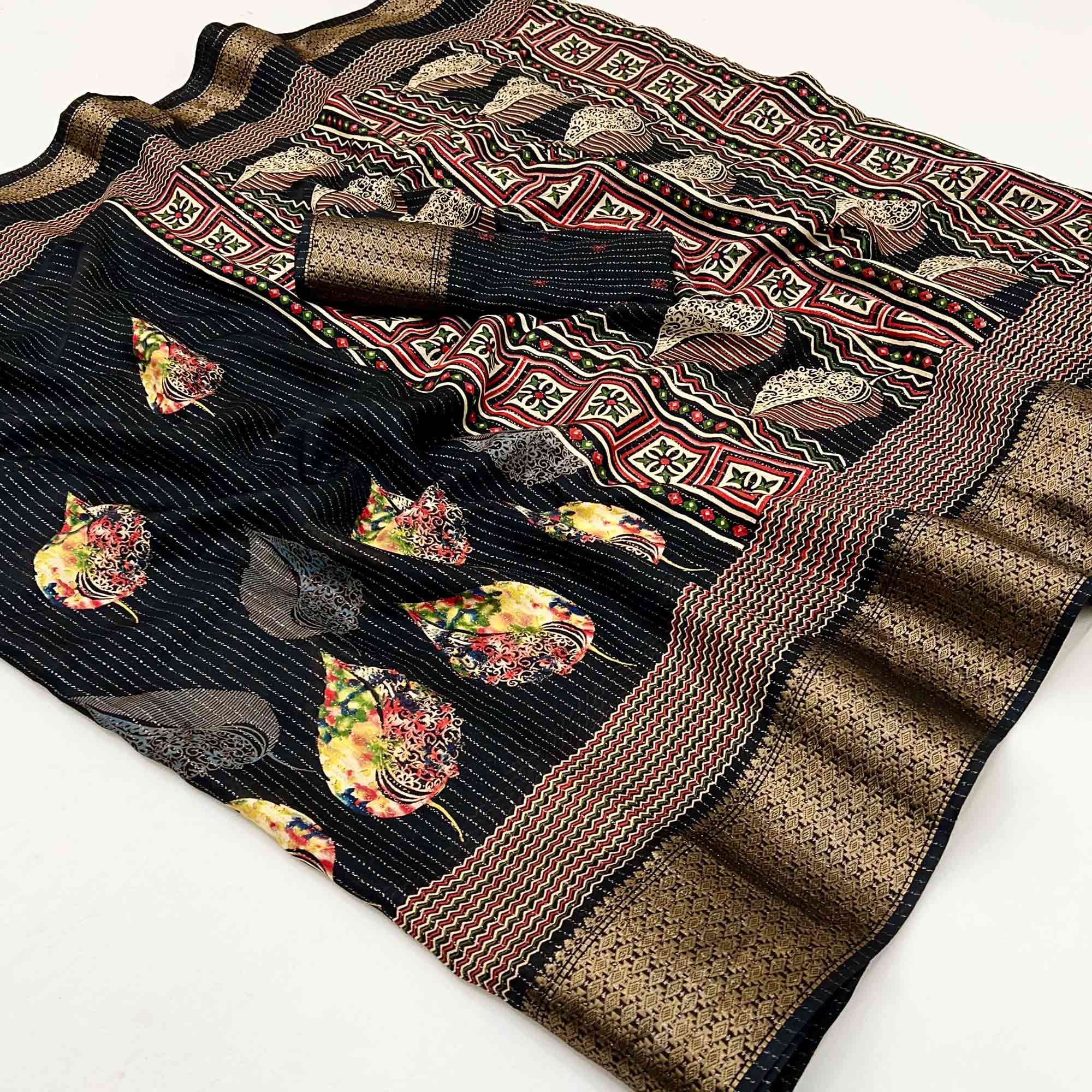 Black Floral Printed Dola Silk Saree With Jacquard Border