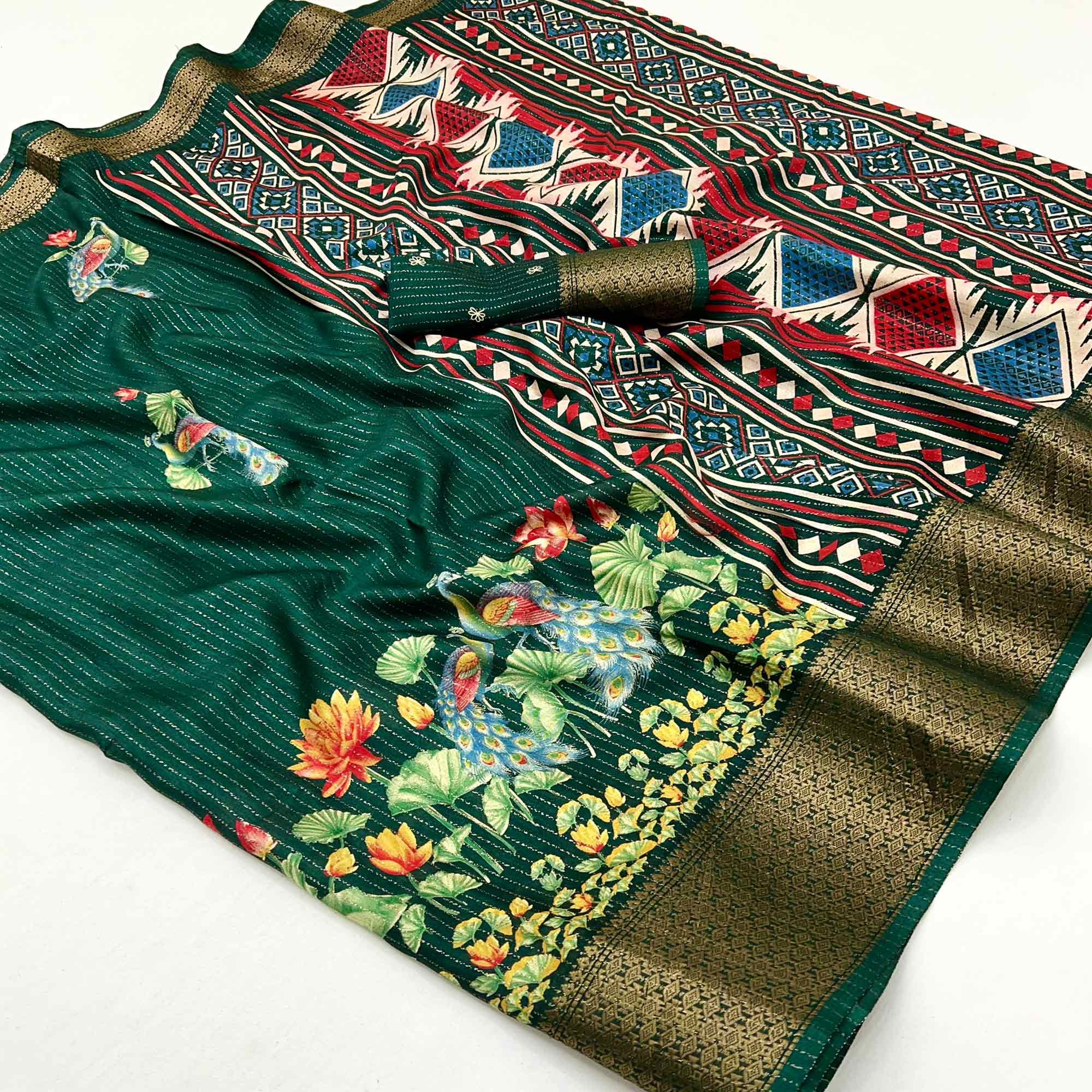 Green Floral Printed Dola Silk Saree With Jacquard Border