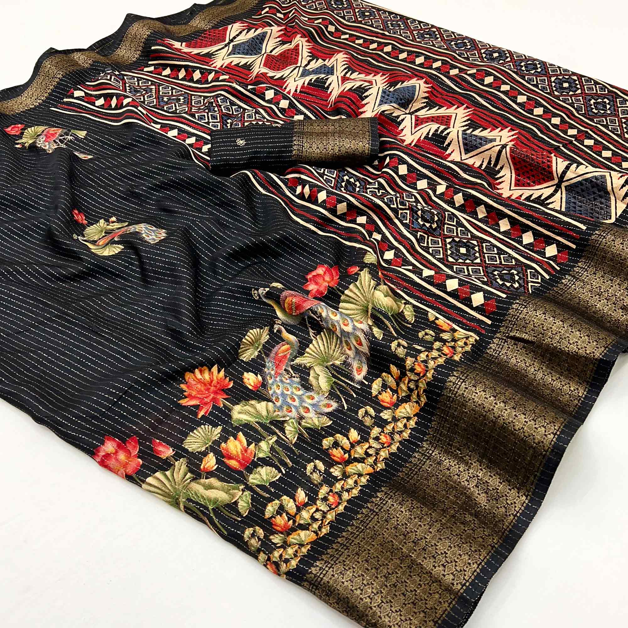 Black Floral Printed Dola Silk Saree With Jacquard Border