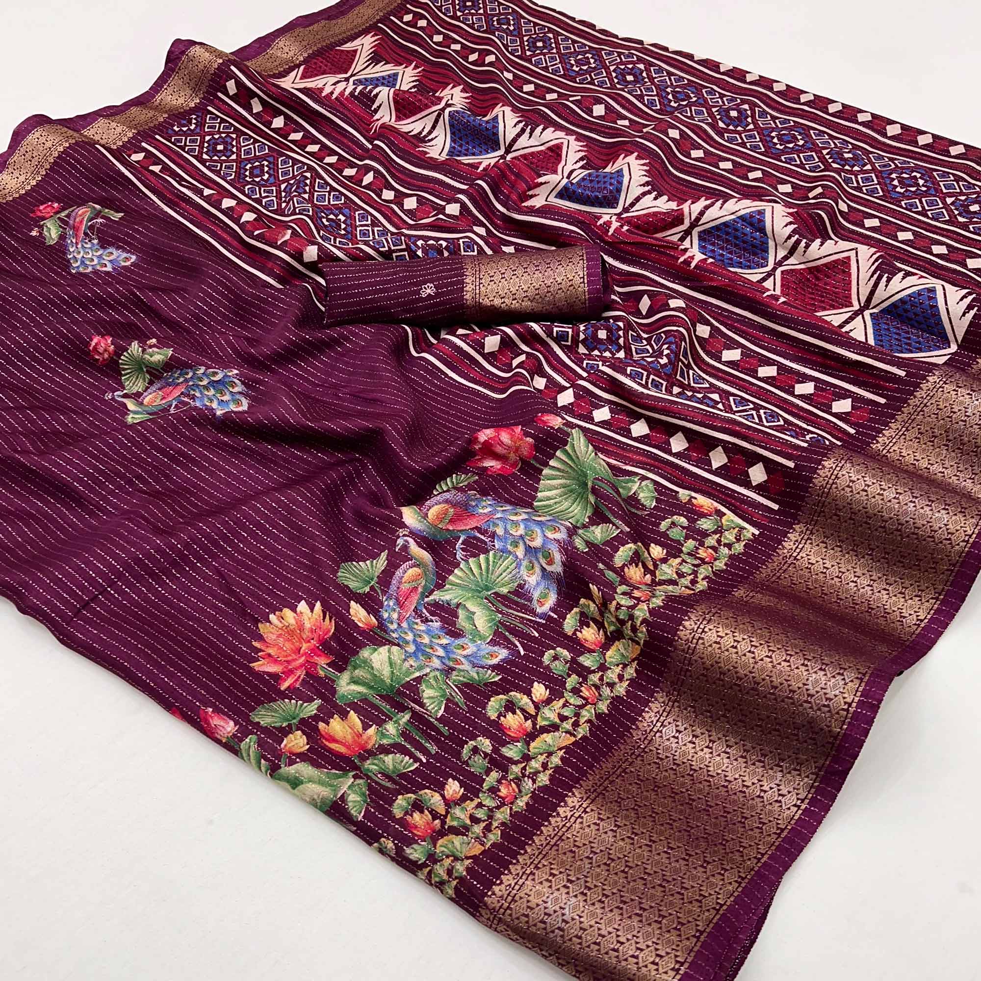 Wine Floral Printed Dola Silk Saree With Jacquard Border