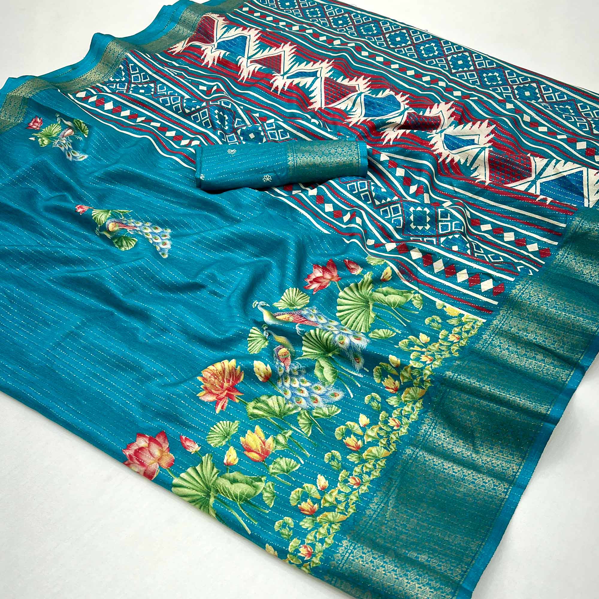 Teal Floral Printed Dola Silk Saree With Jacquard Border