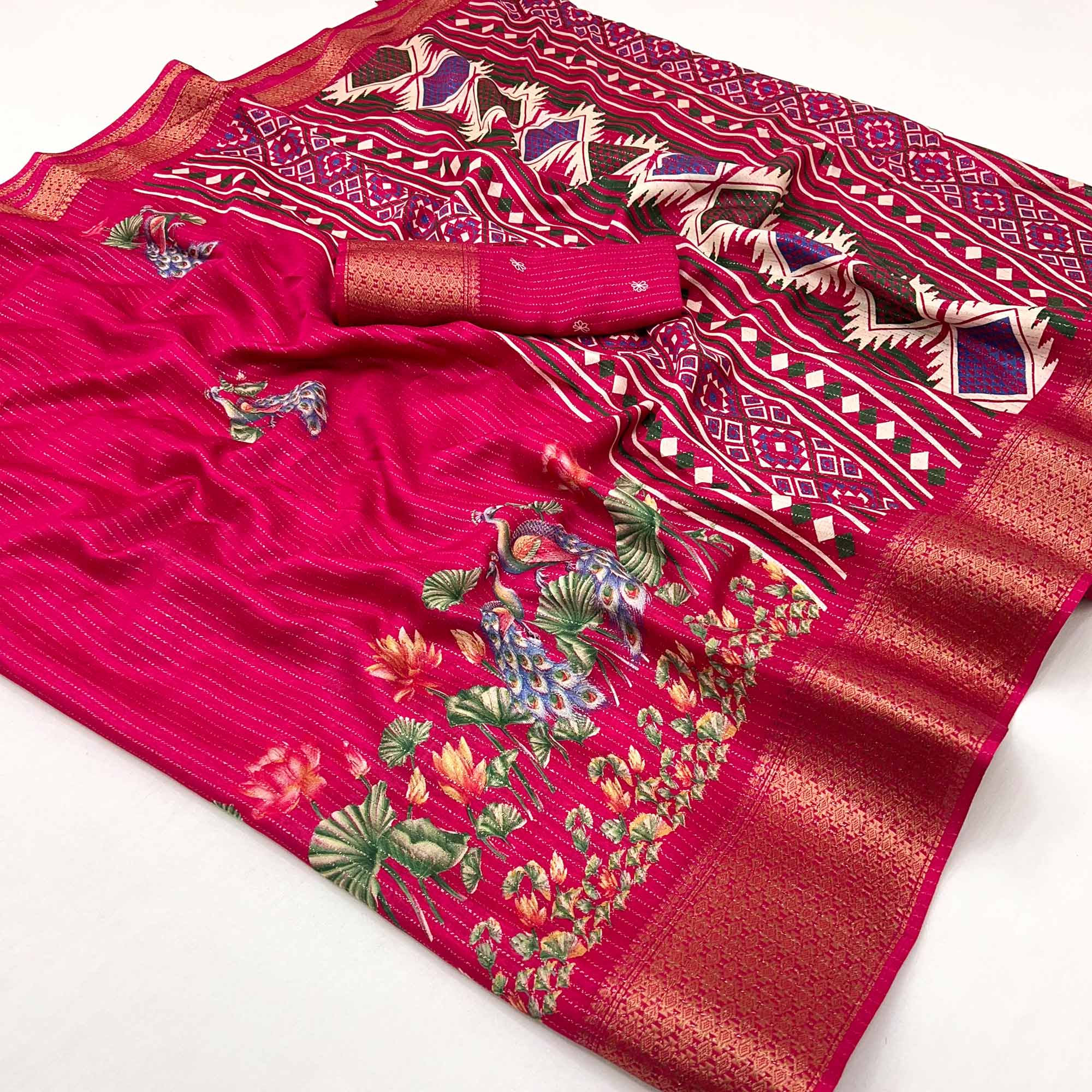 Pink Floral Printed Dola Silk Saree With Jacquard Border