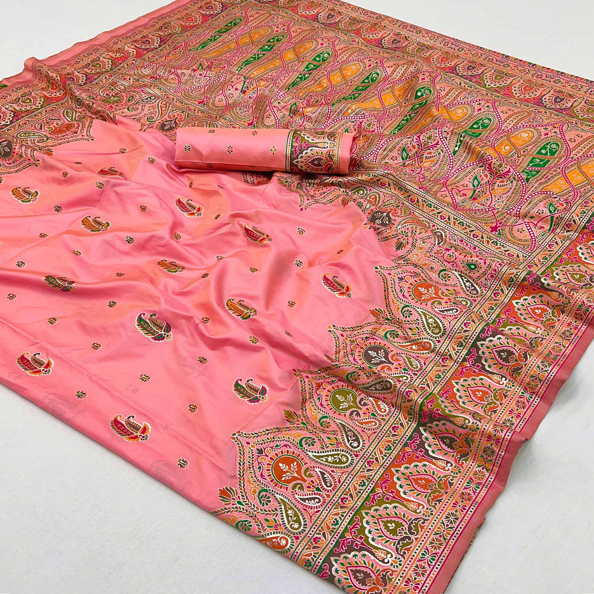 Pink Floral Woven Pure Silk Pashmina Saree