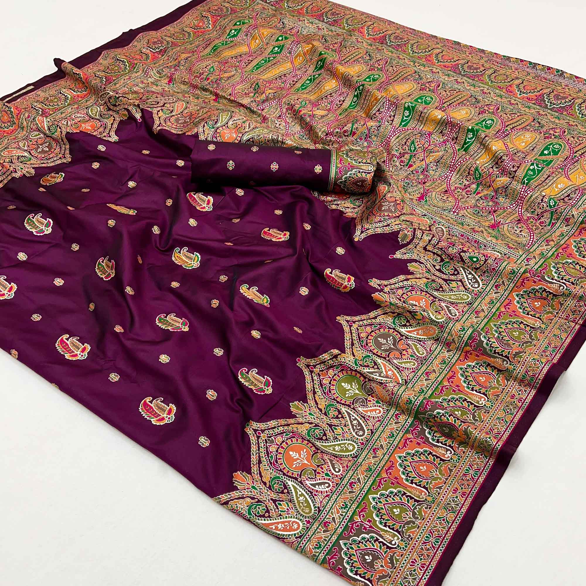 Wine Floral Woven Pure Silk Pashmina Saree