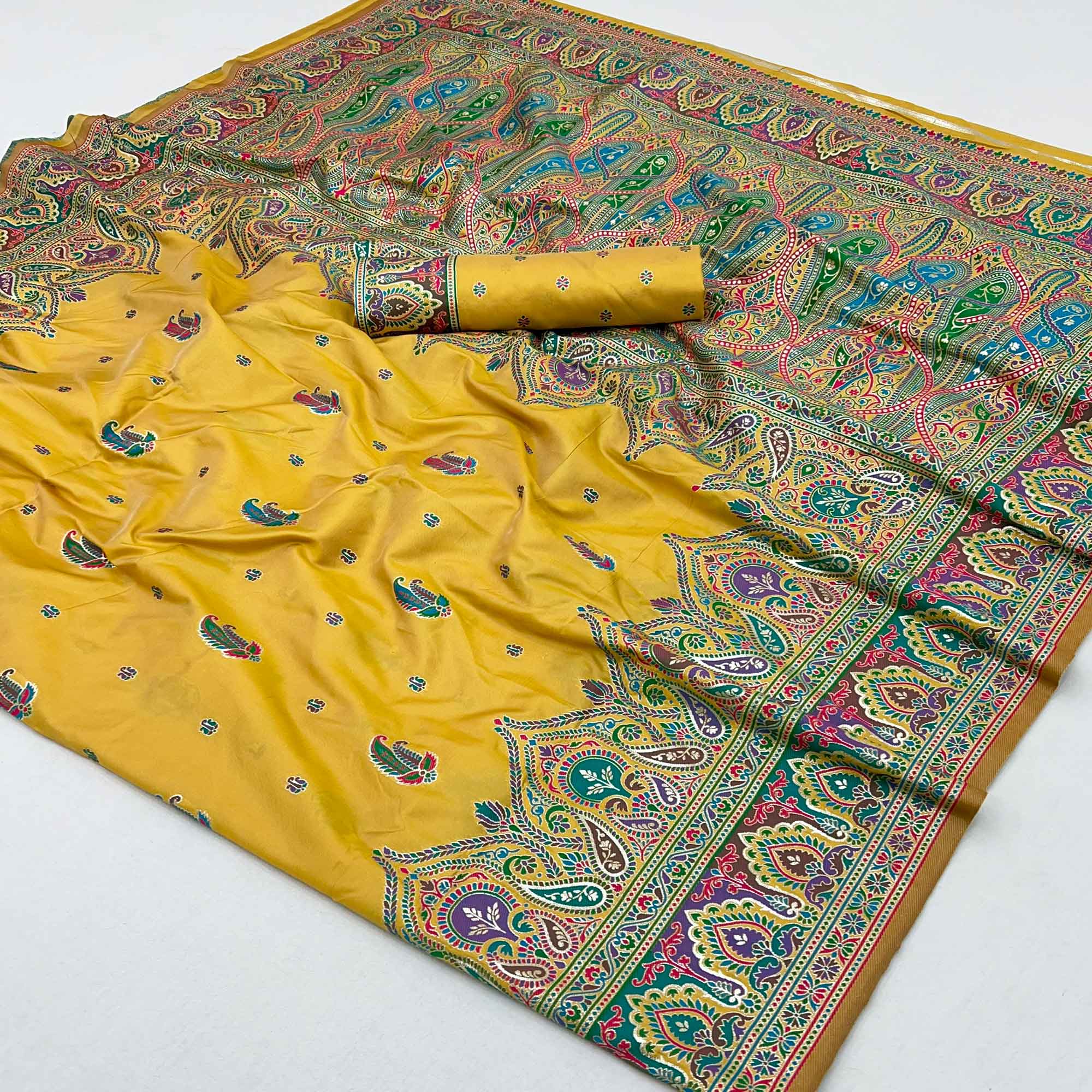 Mustard Floral Woven Pure Silk Pashmina Saree