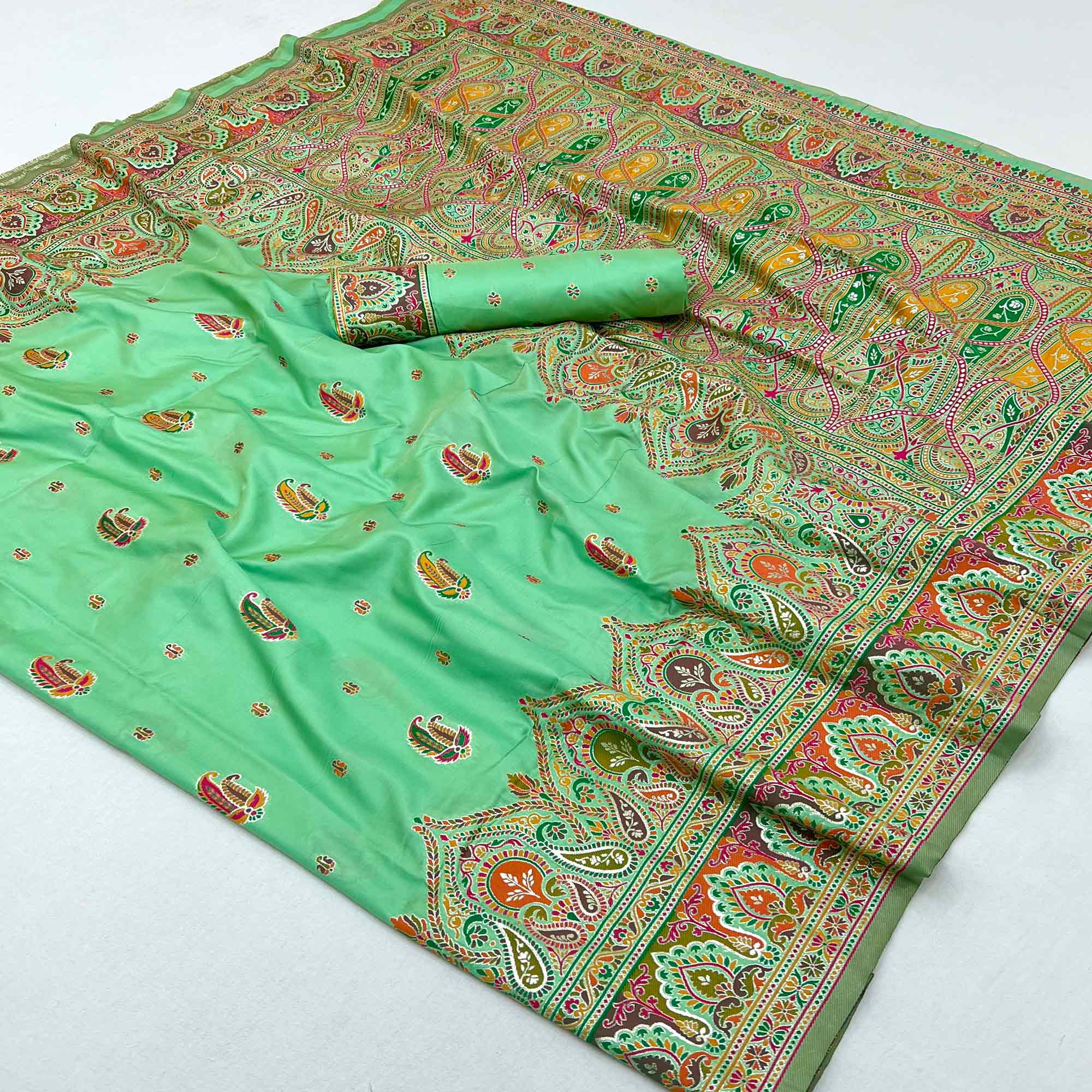 Aqua Green Floral Woven Pure Silk Pashmina Saree