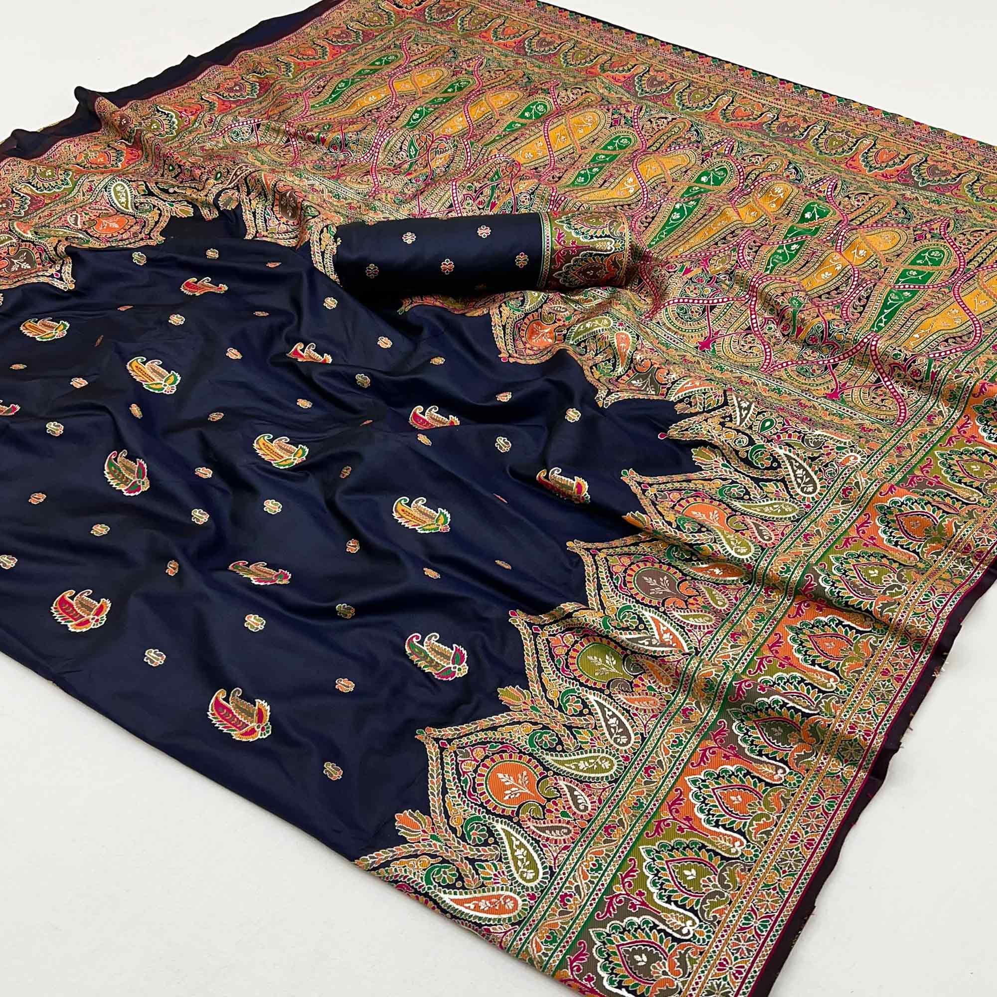 Navy Blue Floral Woven Pure Silk Pashmina Saree