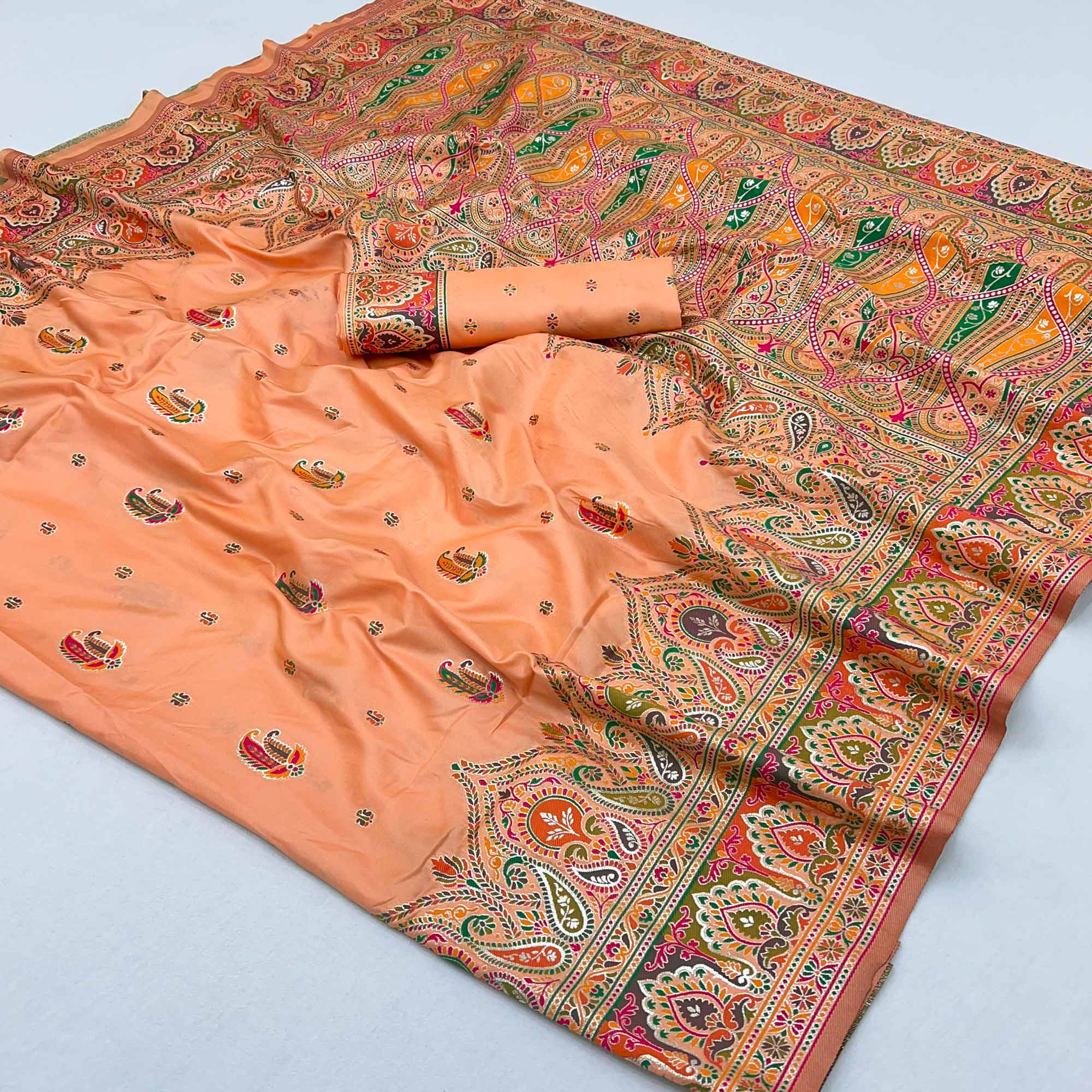 Peach Floral Woven Pure Silk Pashmina Saree
